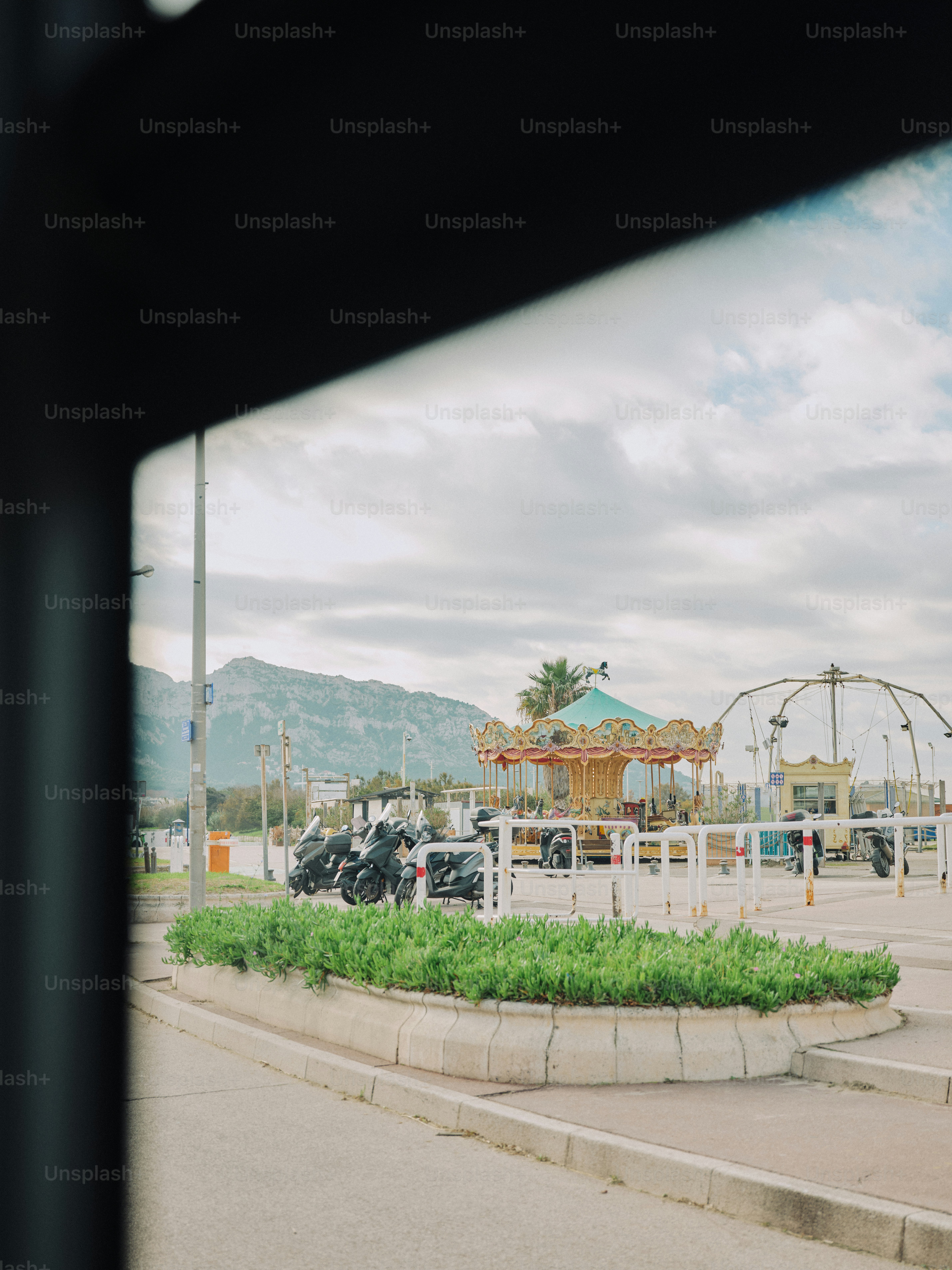 A view of an amusement park through a window