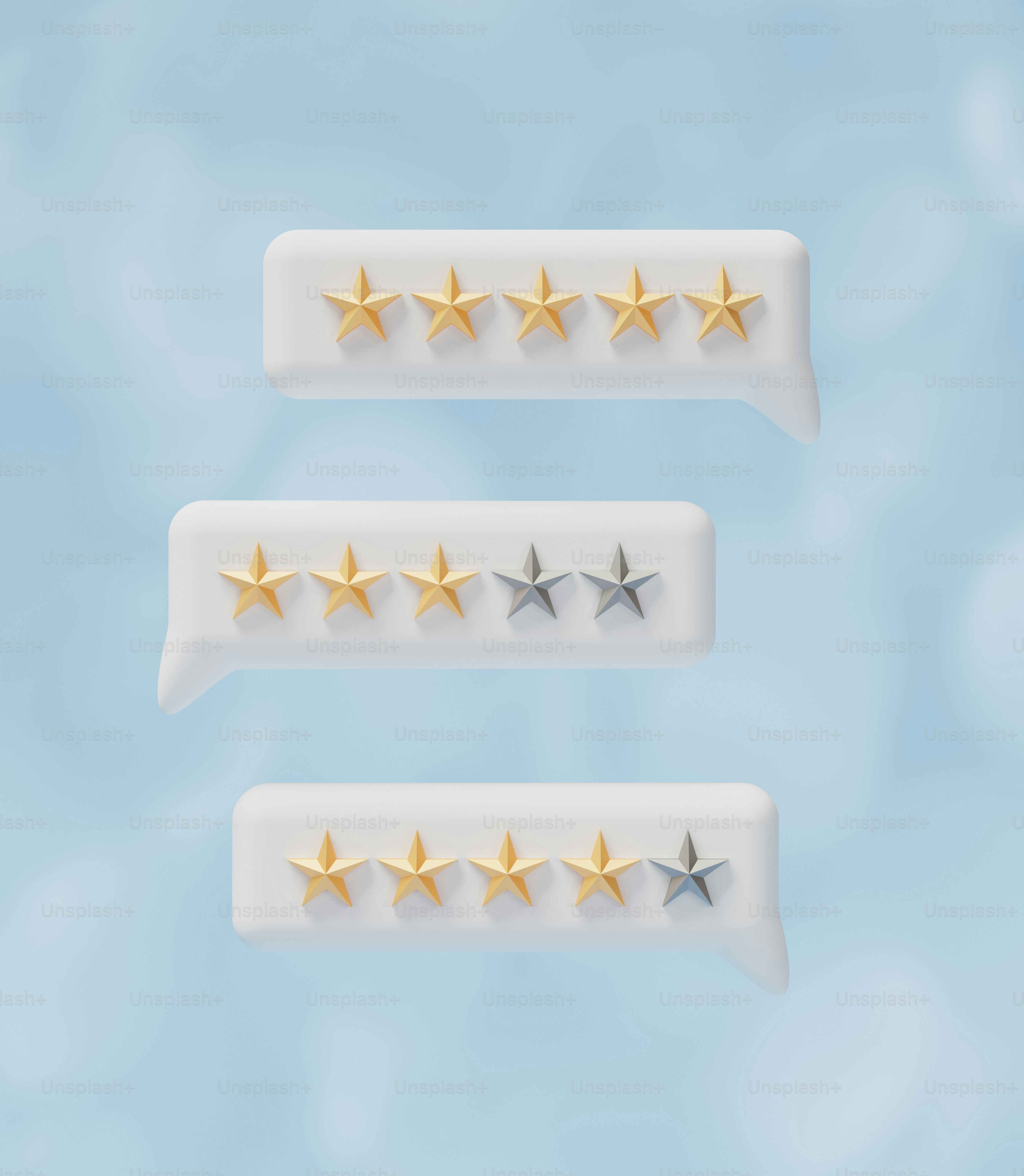 Un gruppo di tre stelle di plastica bianche su sfondo blu