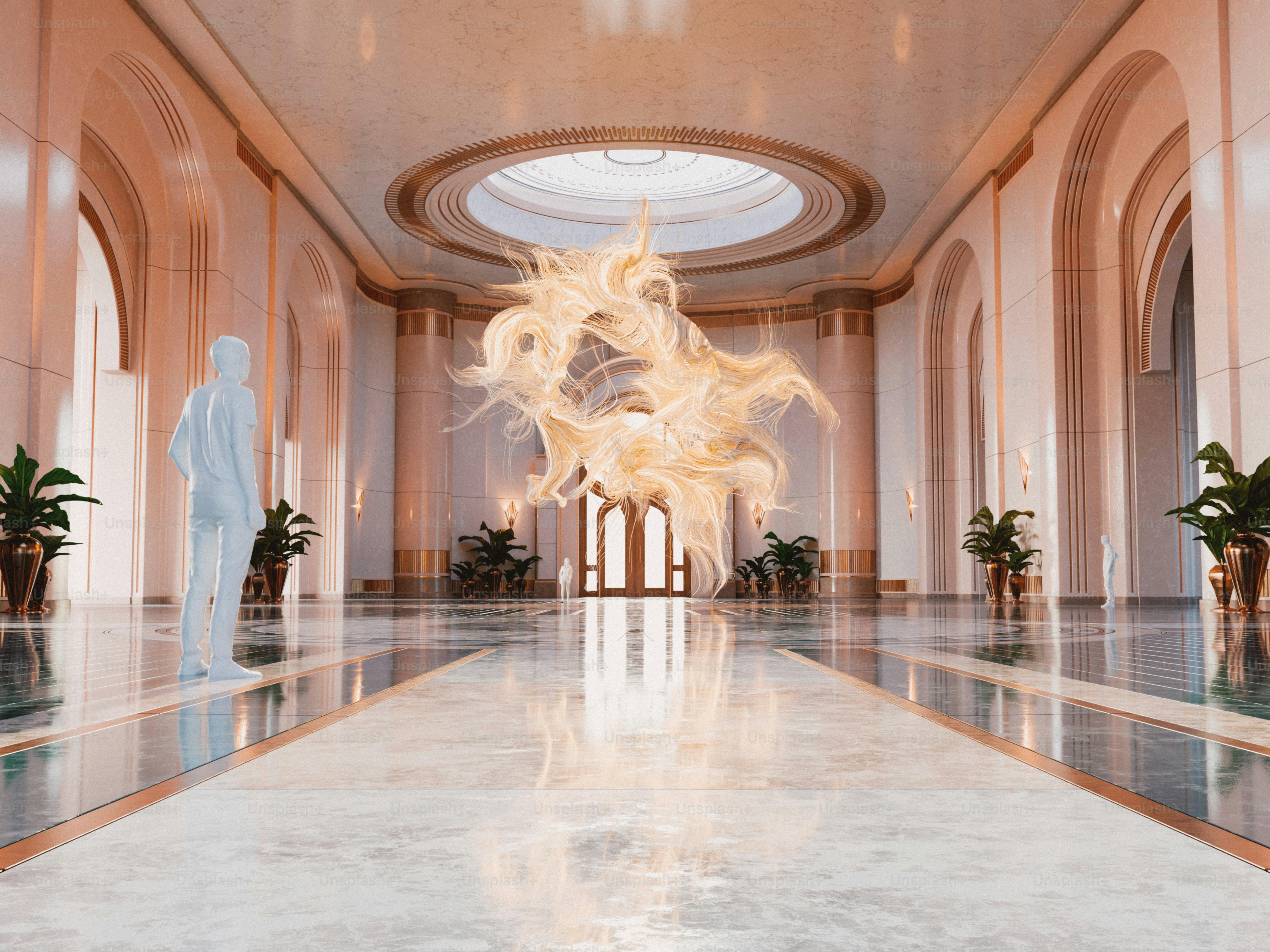 Ein großer Raum mit Marmorboden und Kronleuchter