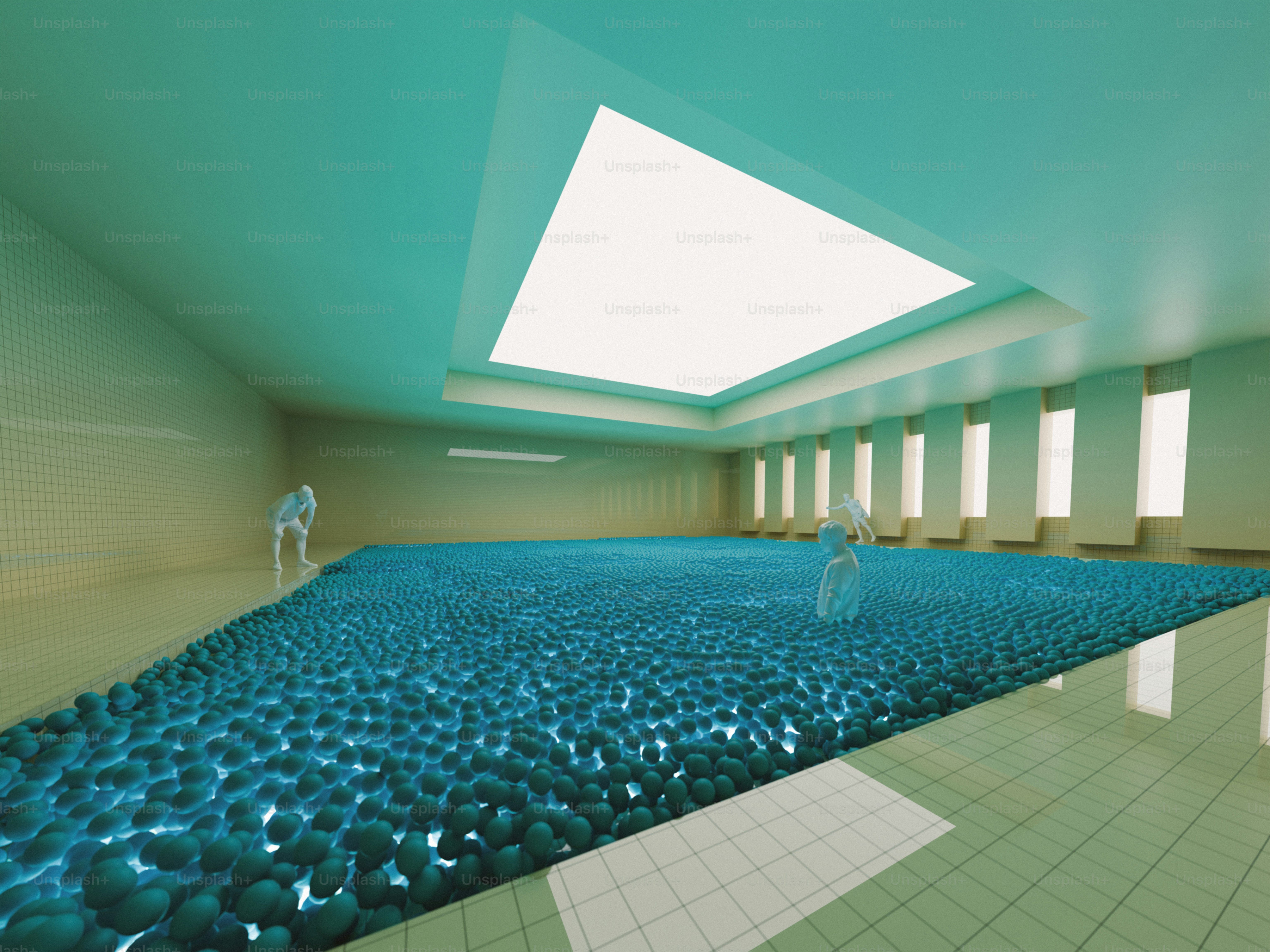 A room with a skylight and a blue floor