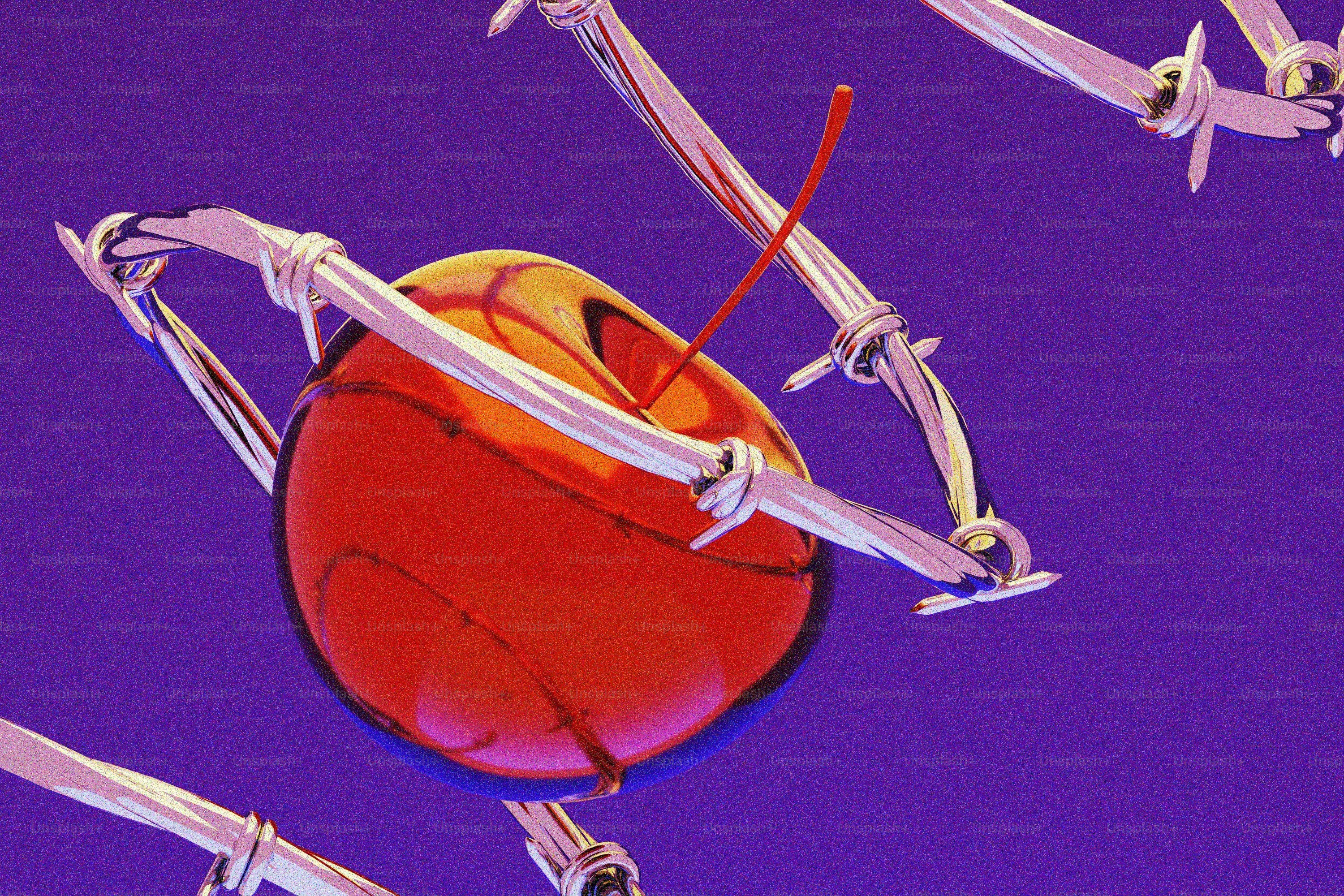 A painting of a red apple surrounded by barbed wire