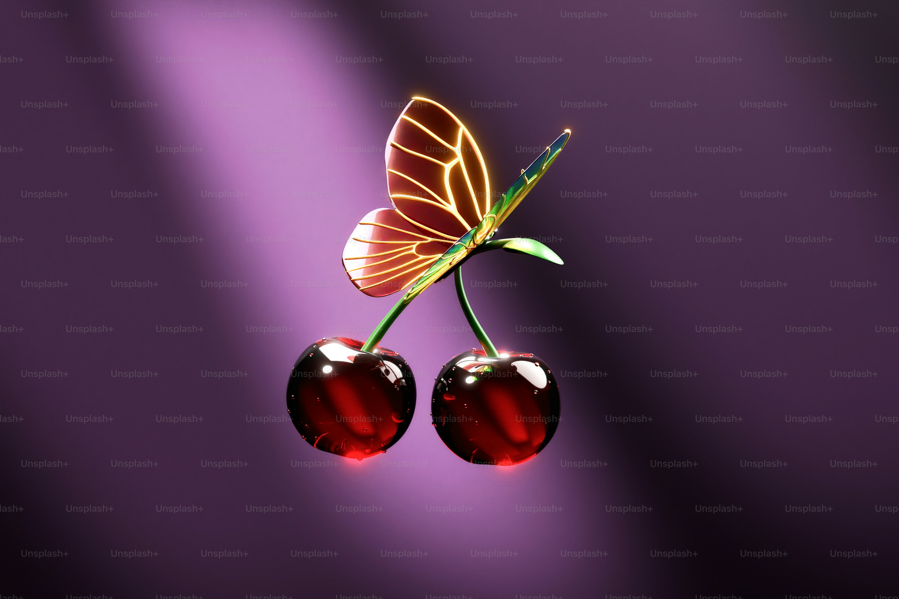 A vibrant butterfly with illuminated wings rests on two glossy cherries under dramatic purple lighting