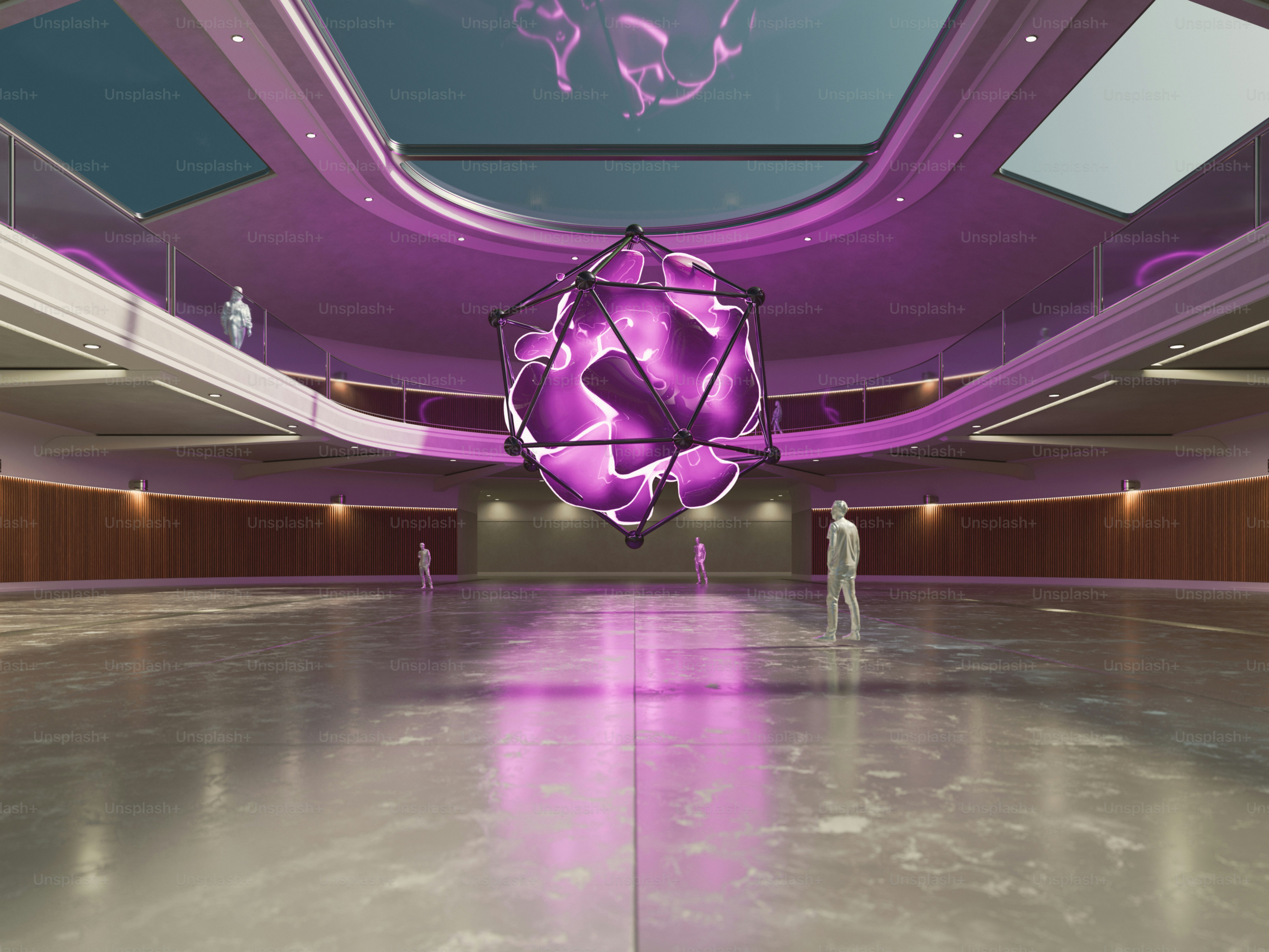 A large room with a purple ball hanging from the ceiling photo – People ...