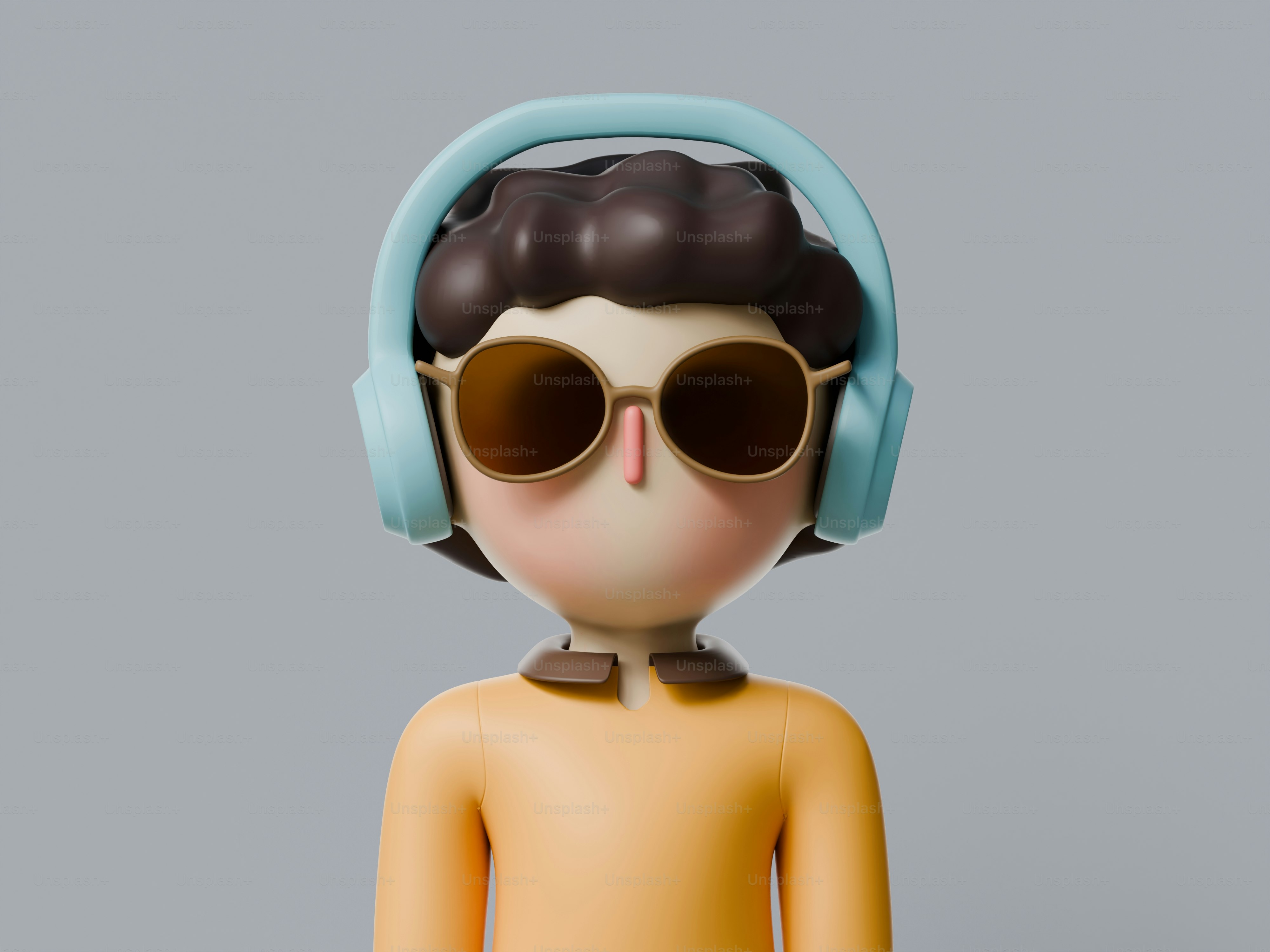 A toy with headphones and a pair of sunglasses