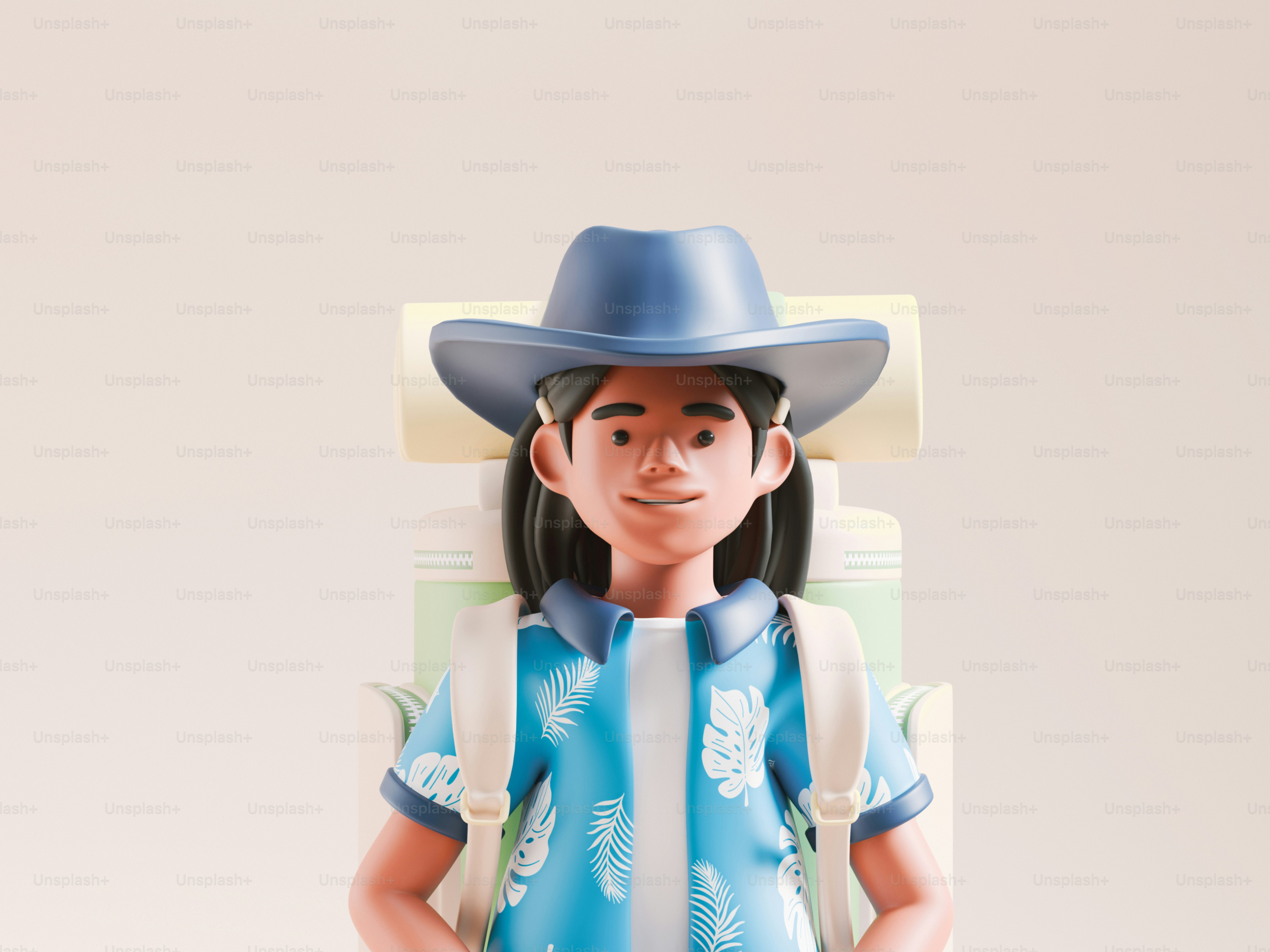 A woman with a blue hat and a backpack