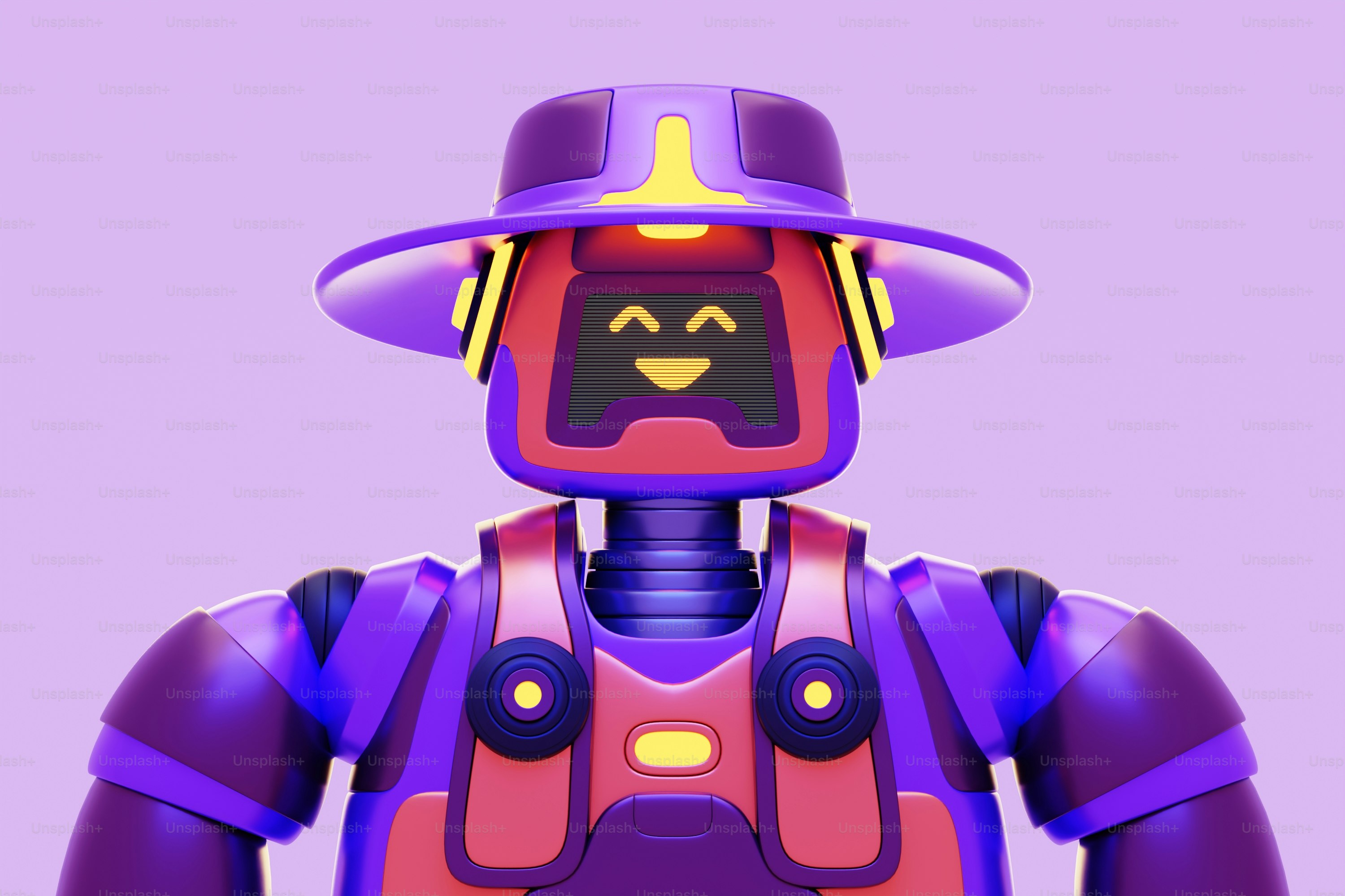 A purple and orange robot with a purple hat photo – 3d Image on Unsplash