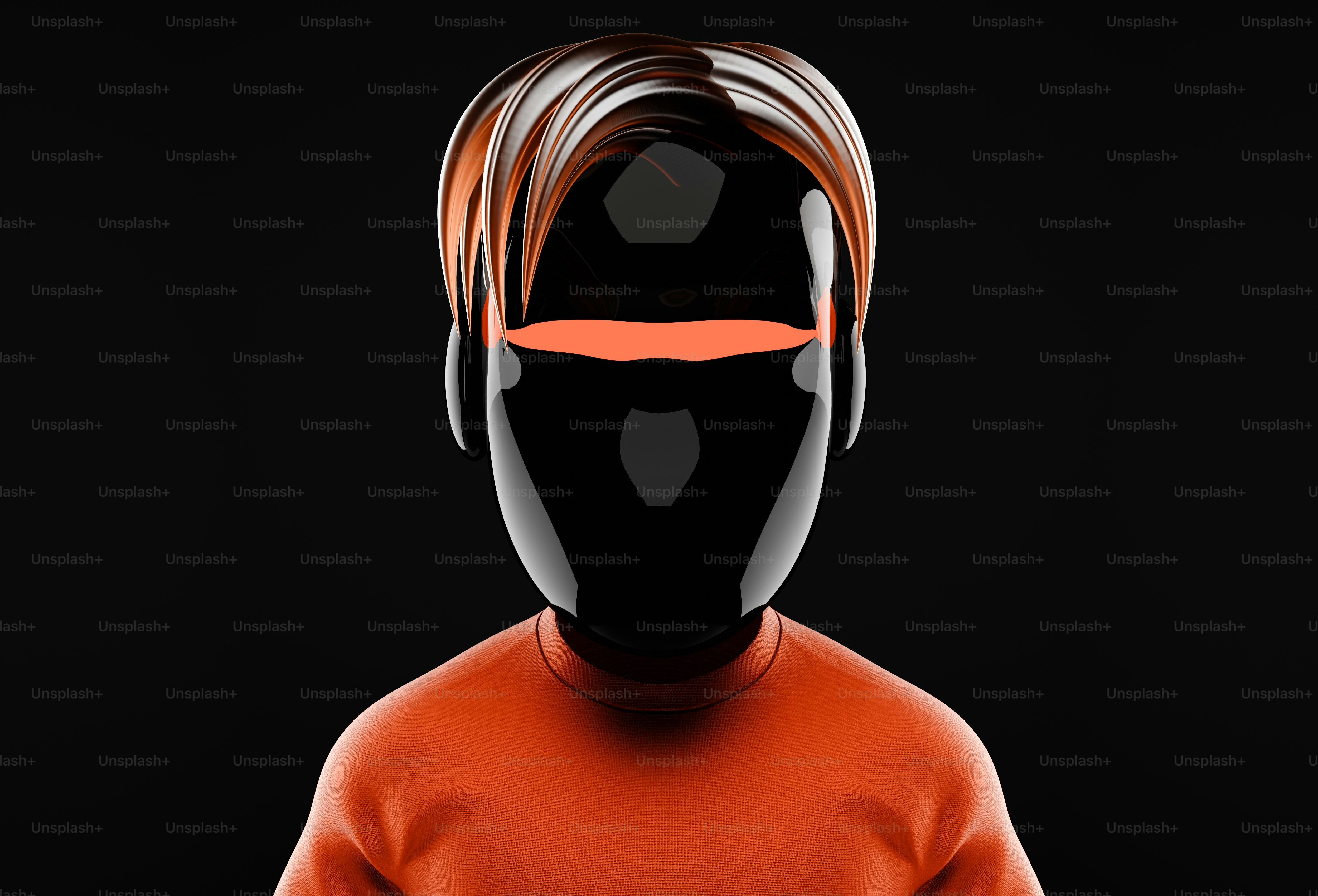 A person with a black mask and orange shirt