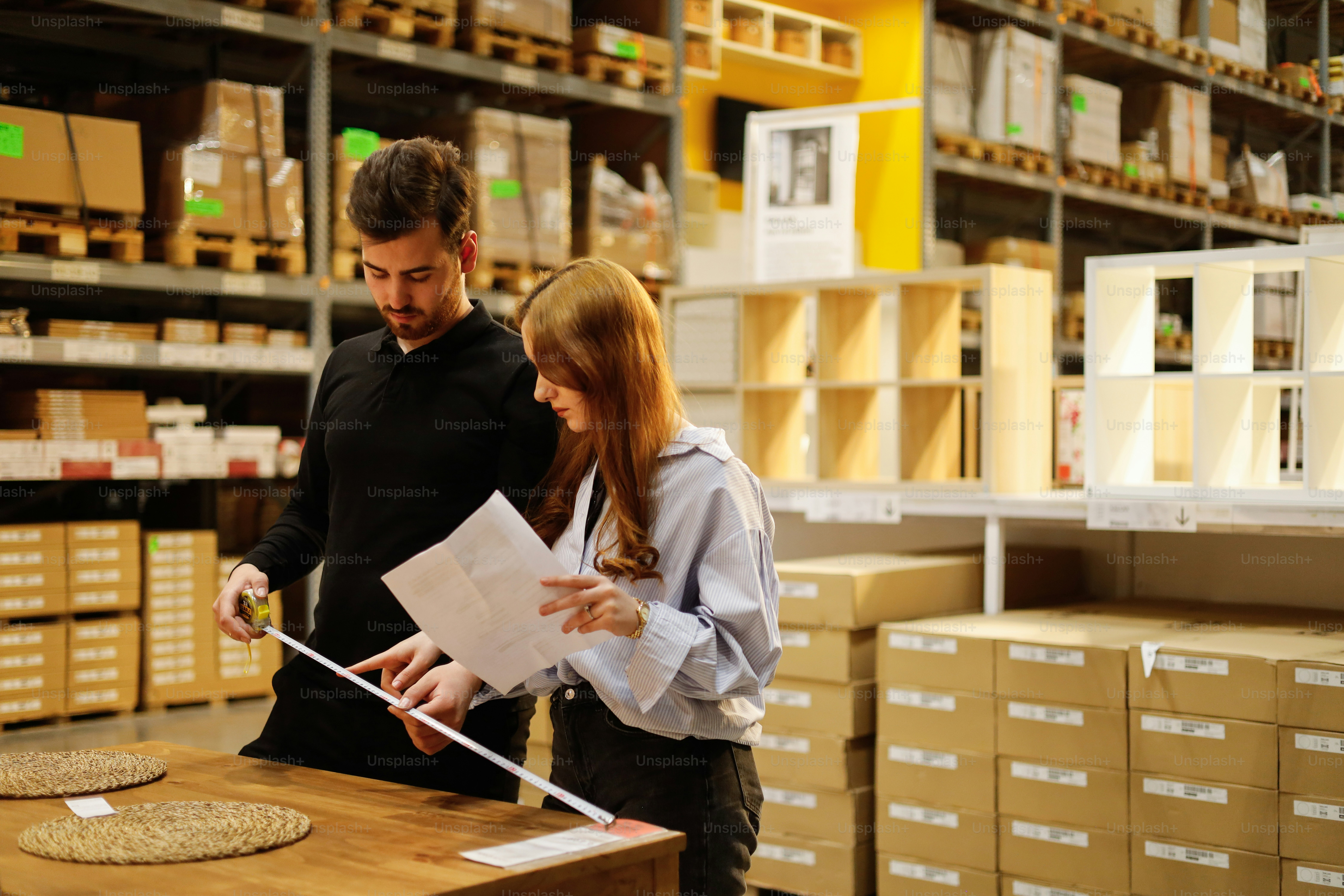 um, homem, e, um, mulher, olhar, um, pedaço de papel