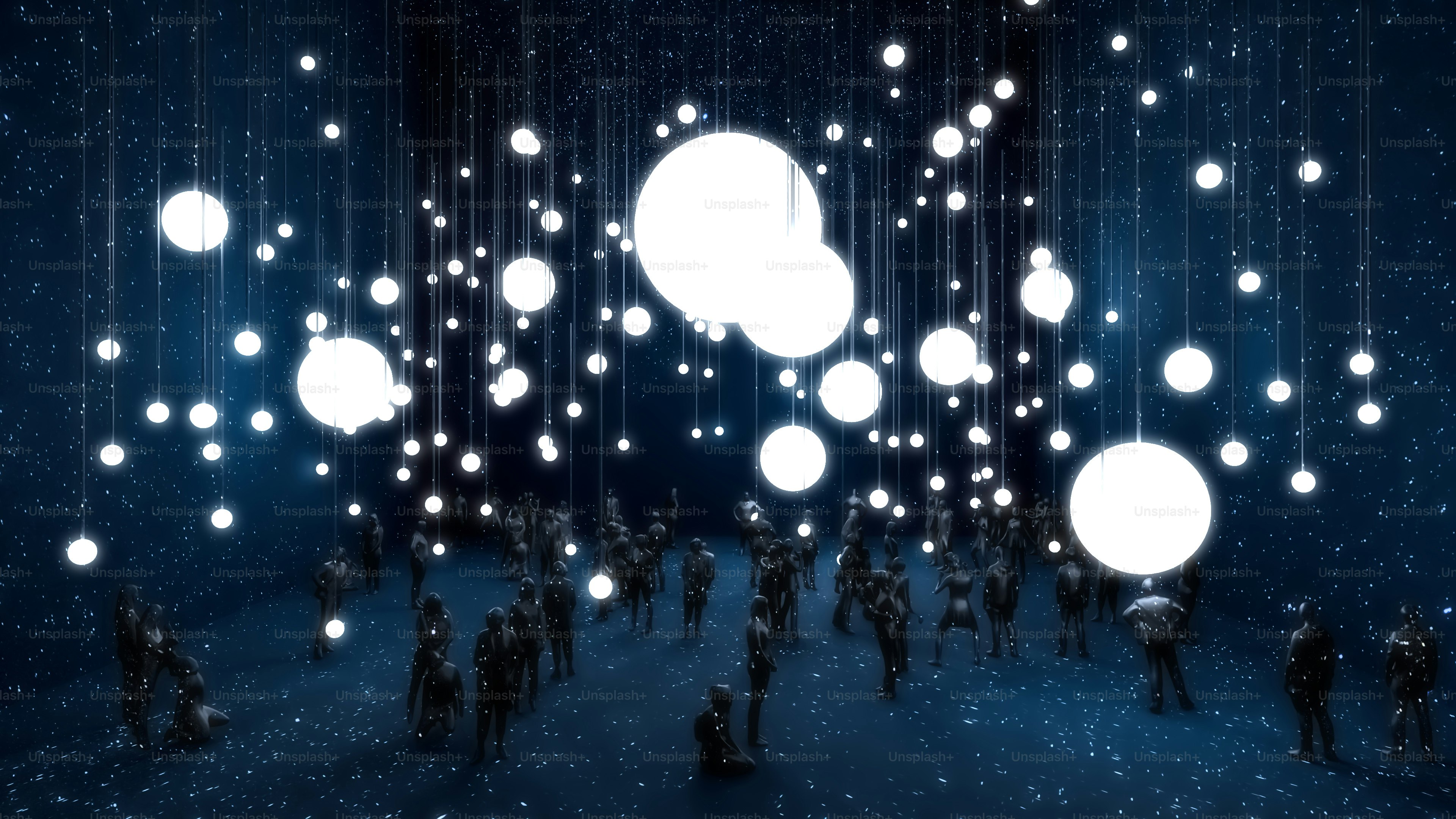 Un grupo de personas de pie frente a una pared de burbujas