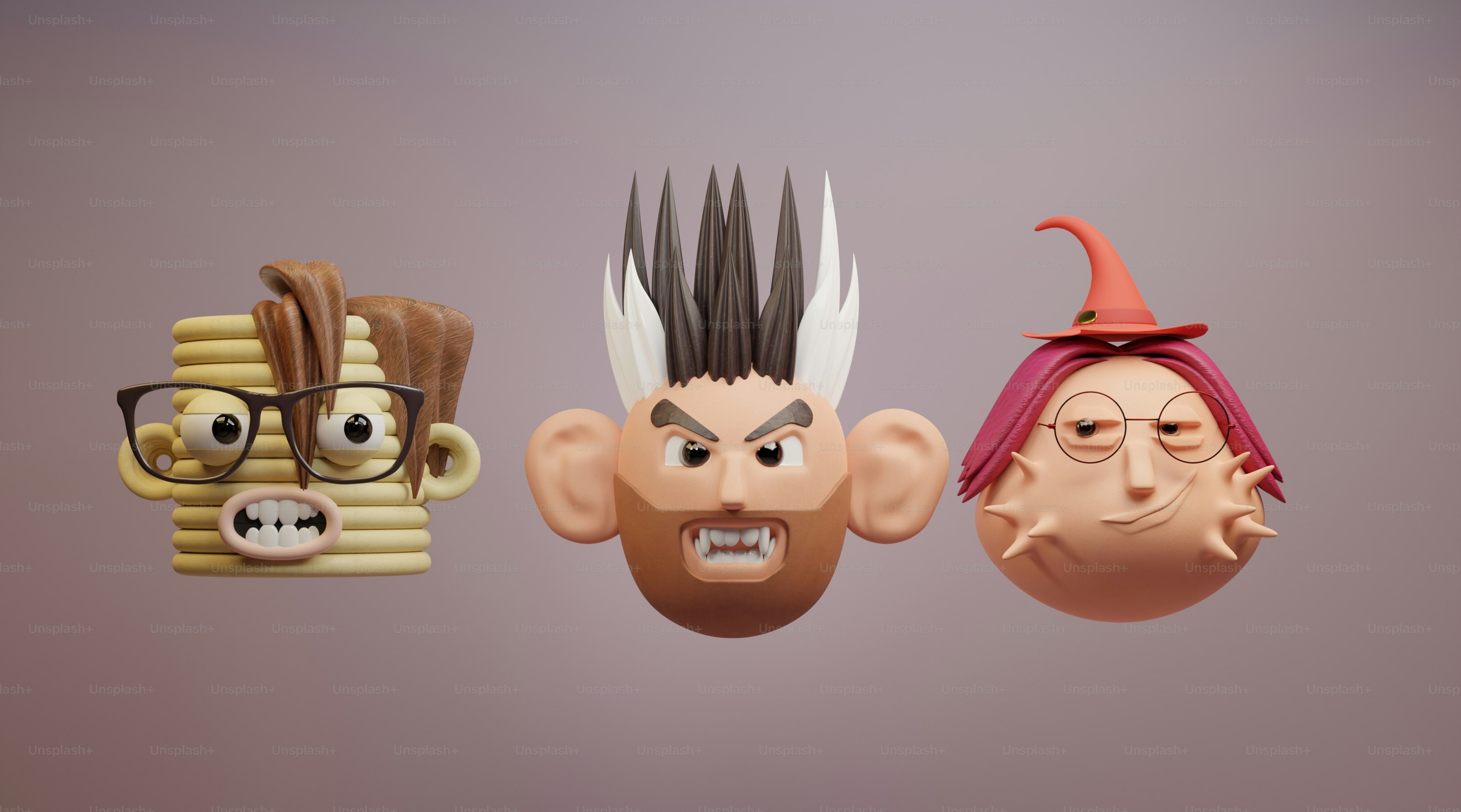 Three weird 3d character faces.