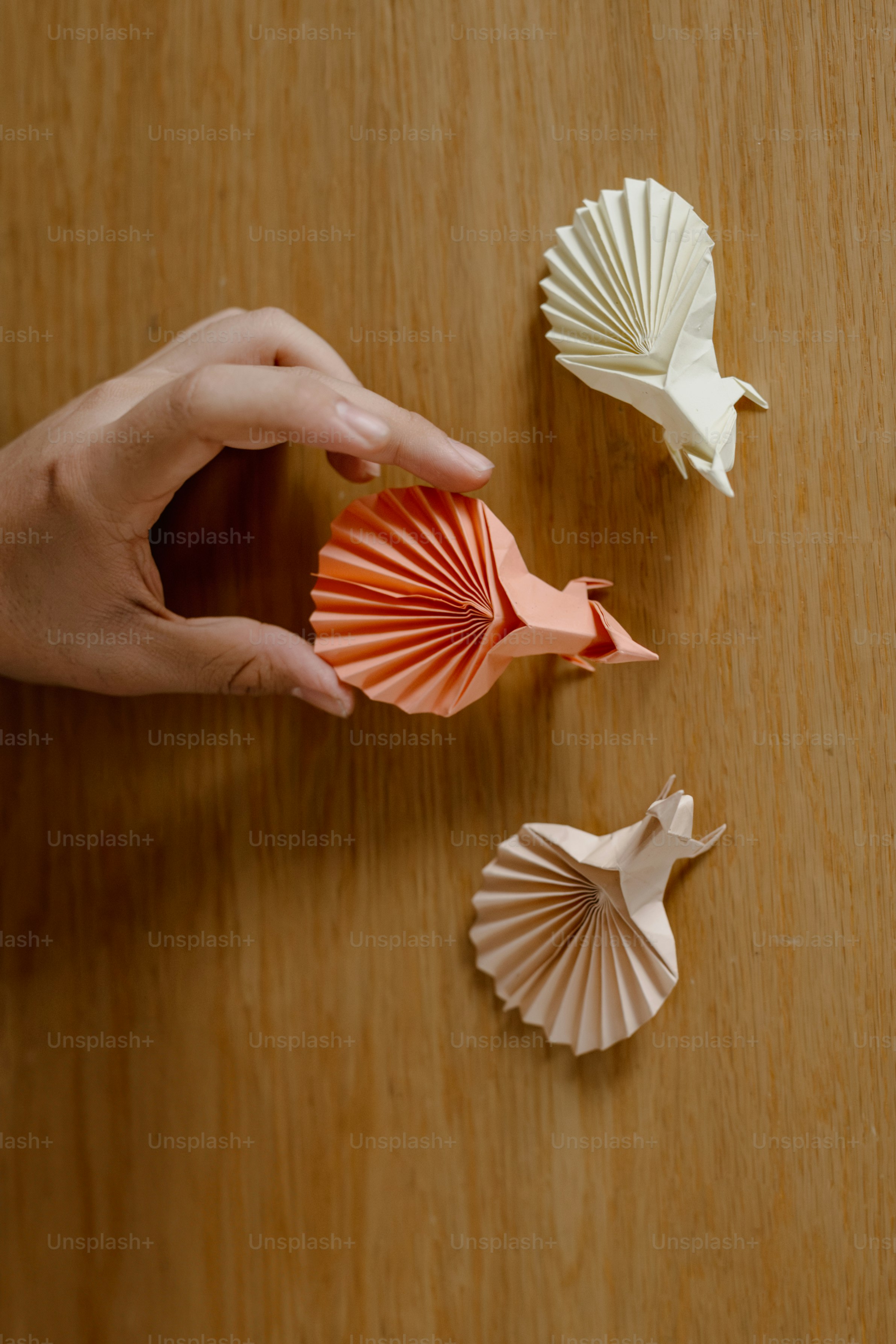 A person holding a paper bird next to three seashells