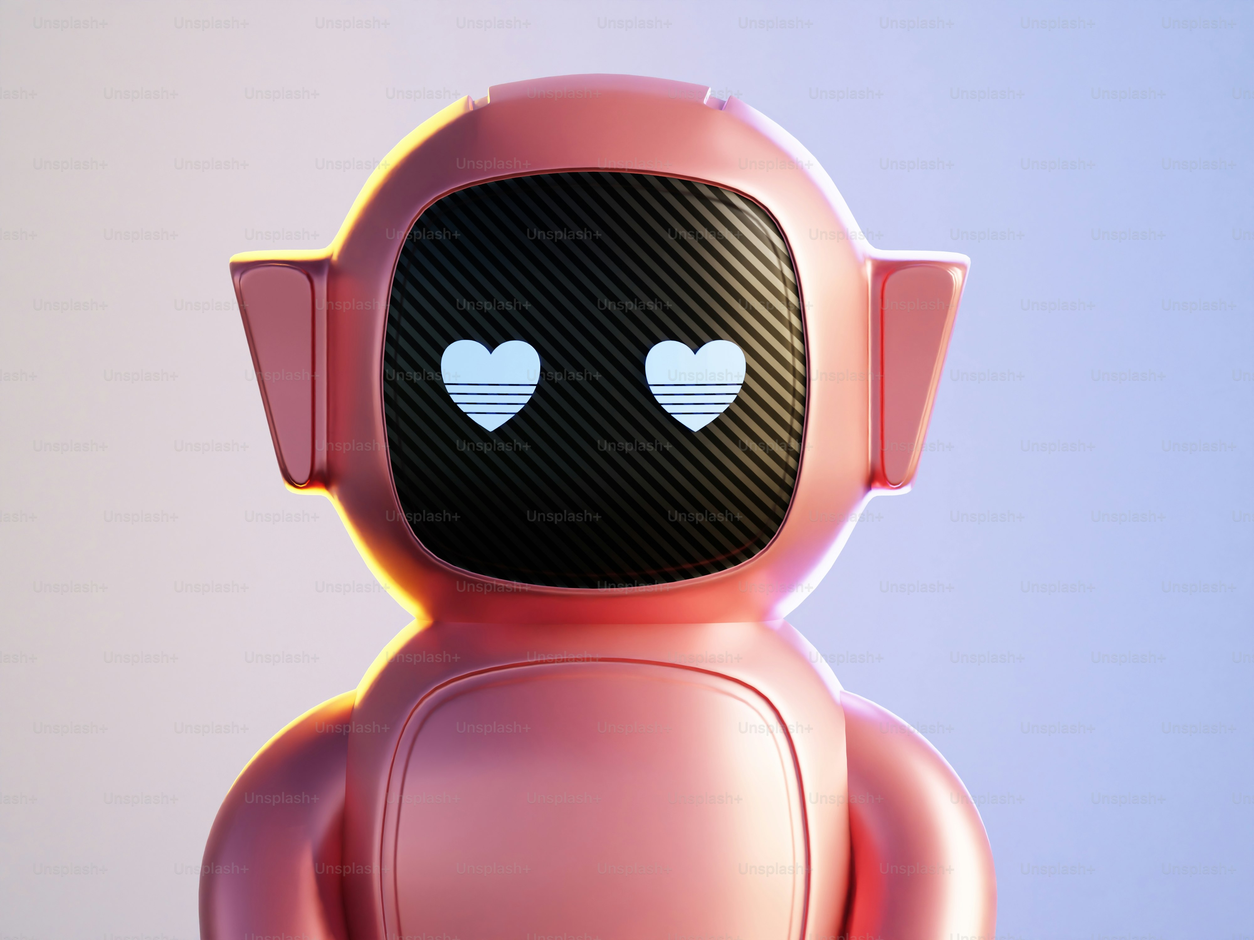 A pink robot with hearts on its eyes