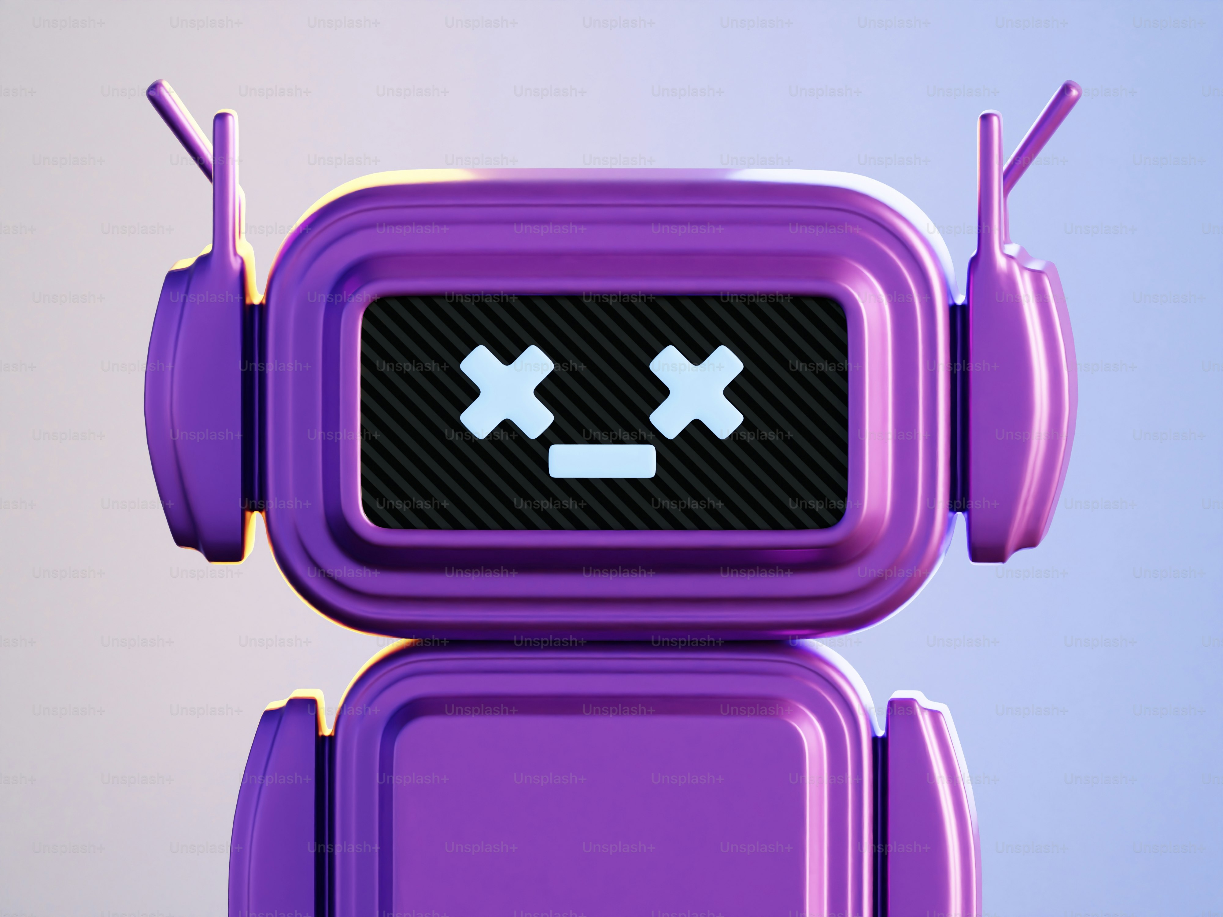 A purple robot with a cross on it's face