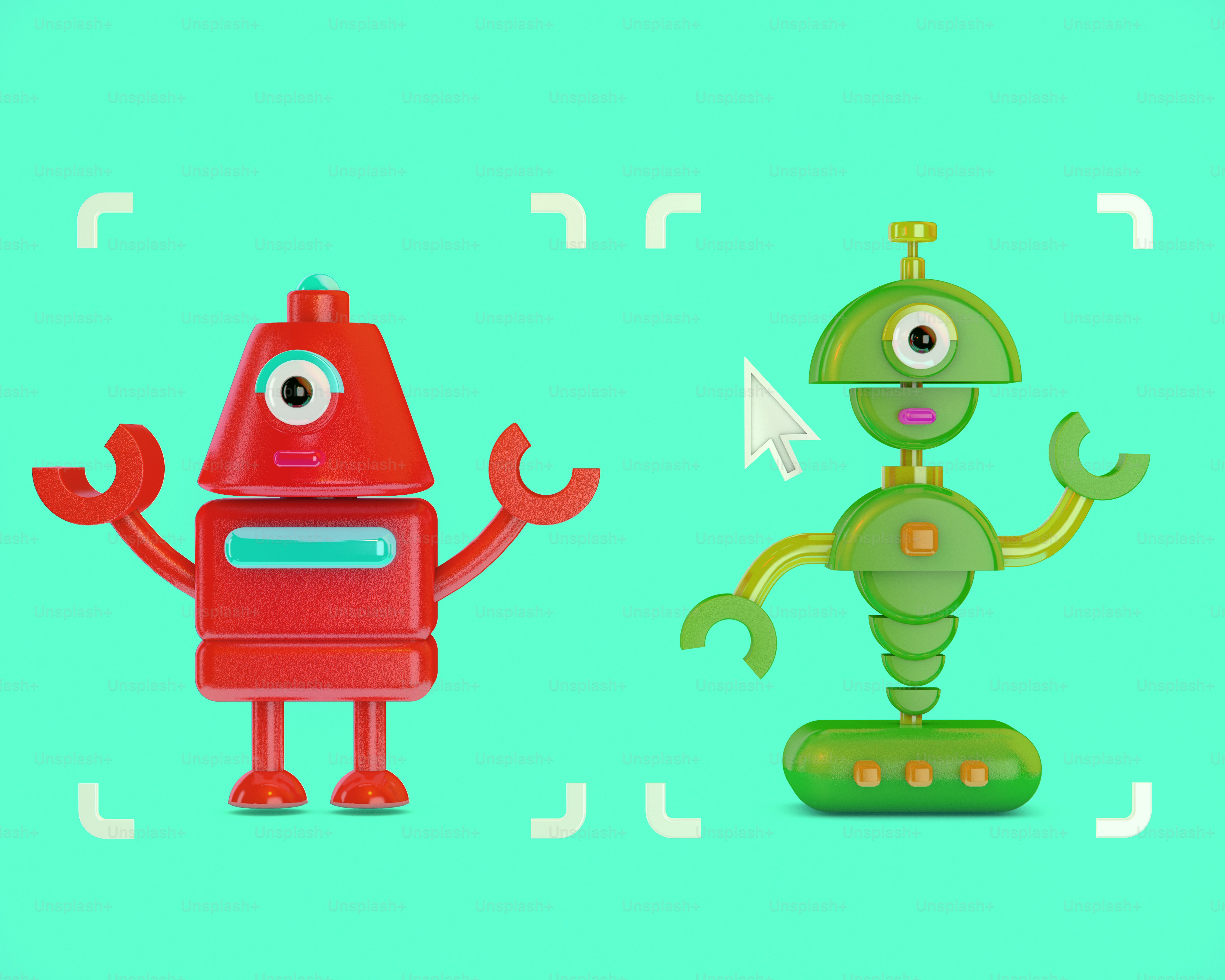 Ein grüner und ein roter Roboter stehen nebeneinander