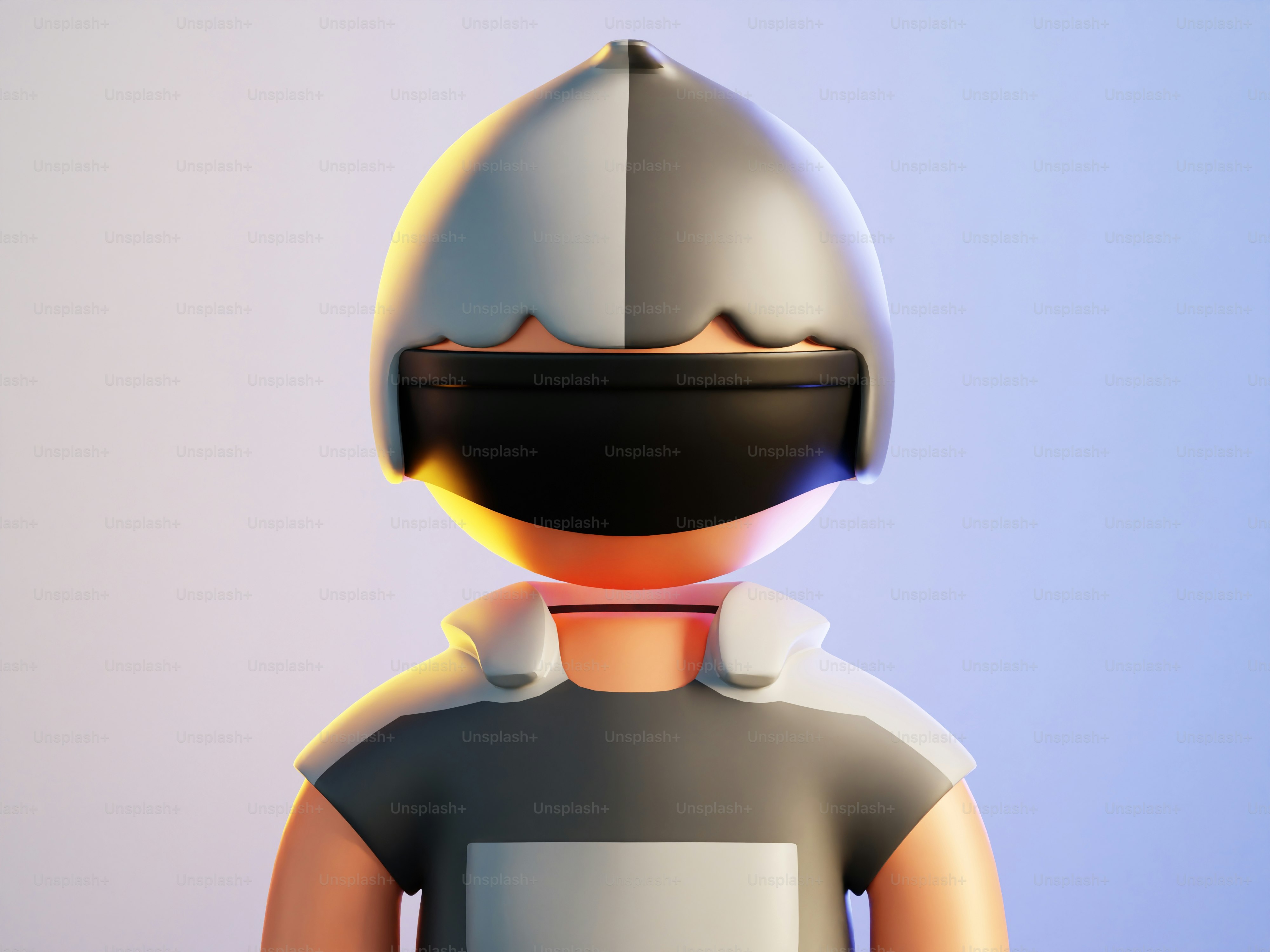 A person wearing a helmet and standing in front of a blue background