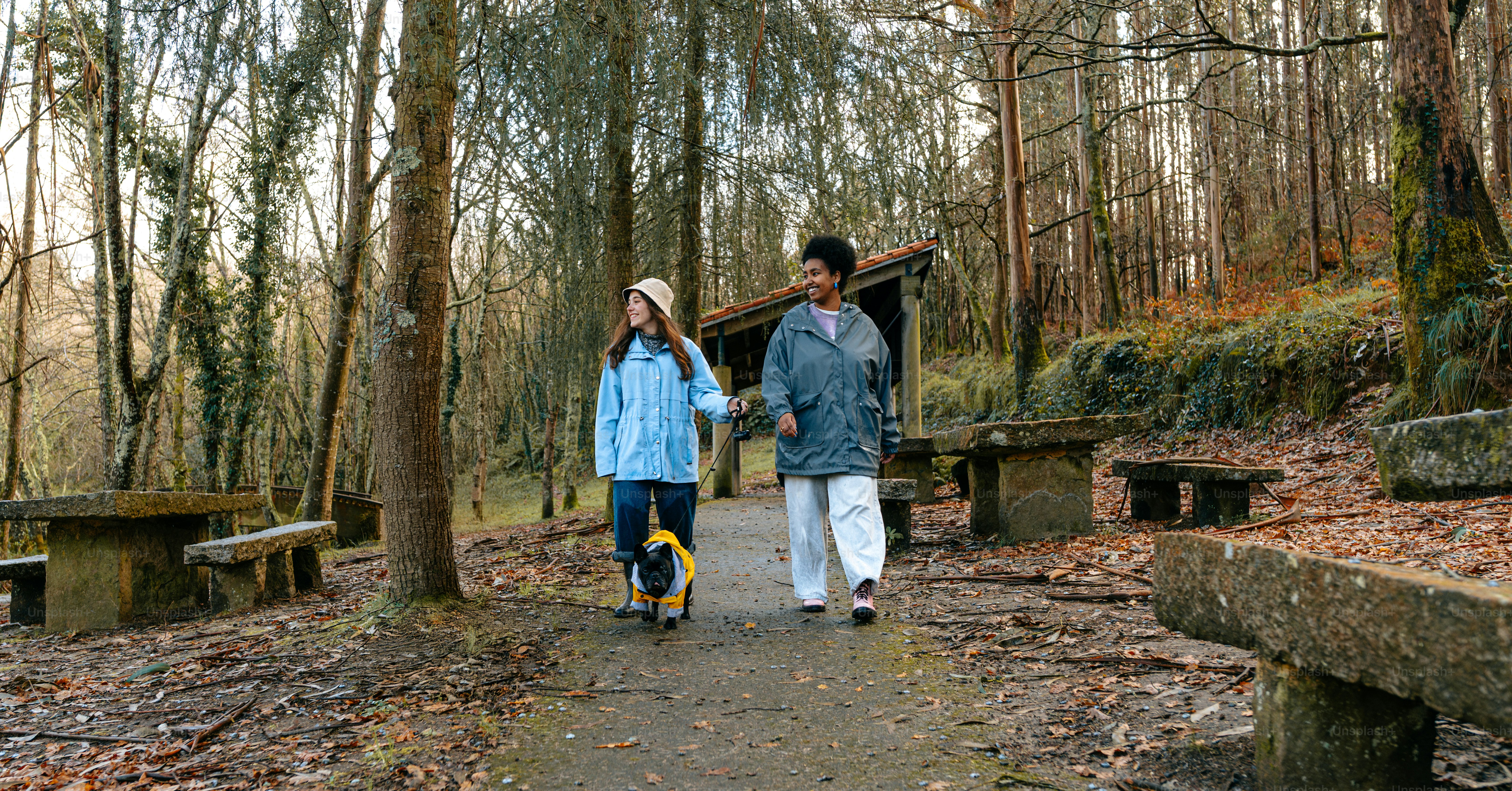 A man and a little girl walking in the woods