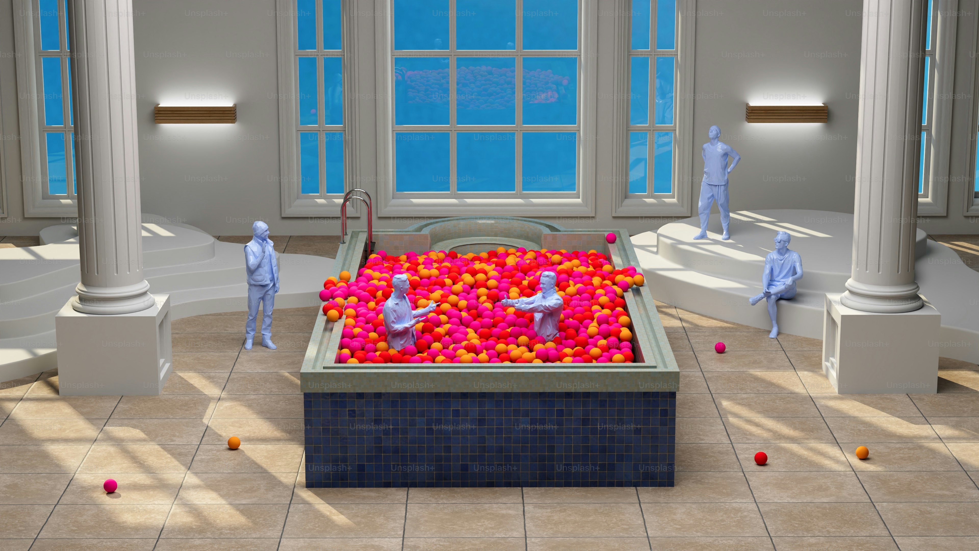 A room filled with lots of white pillars and windows