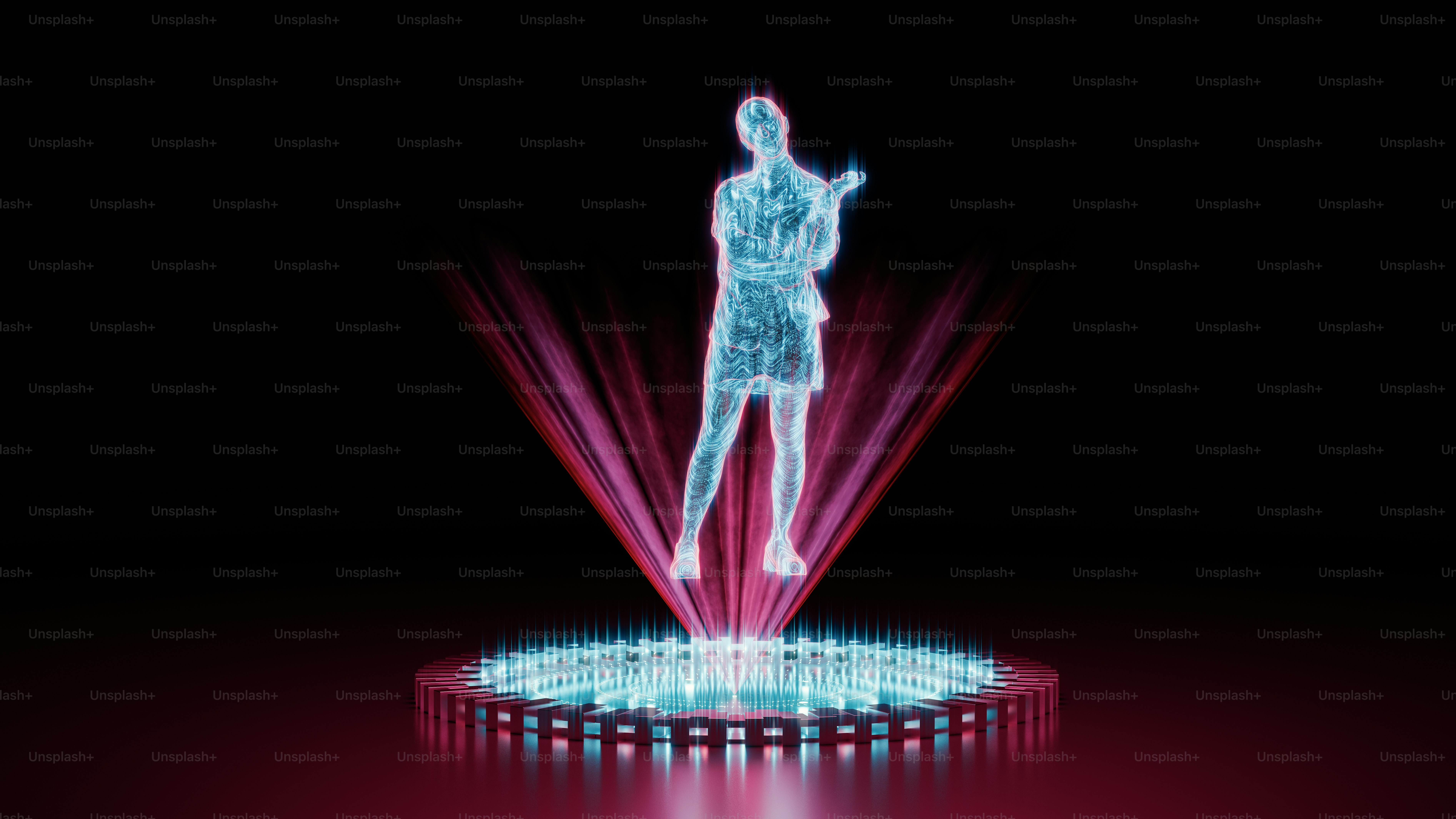 A person standing on a stage with a light show in the background