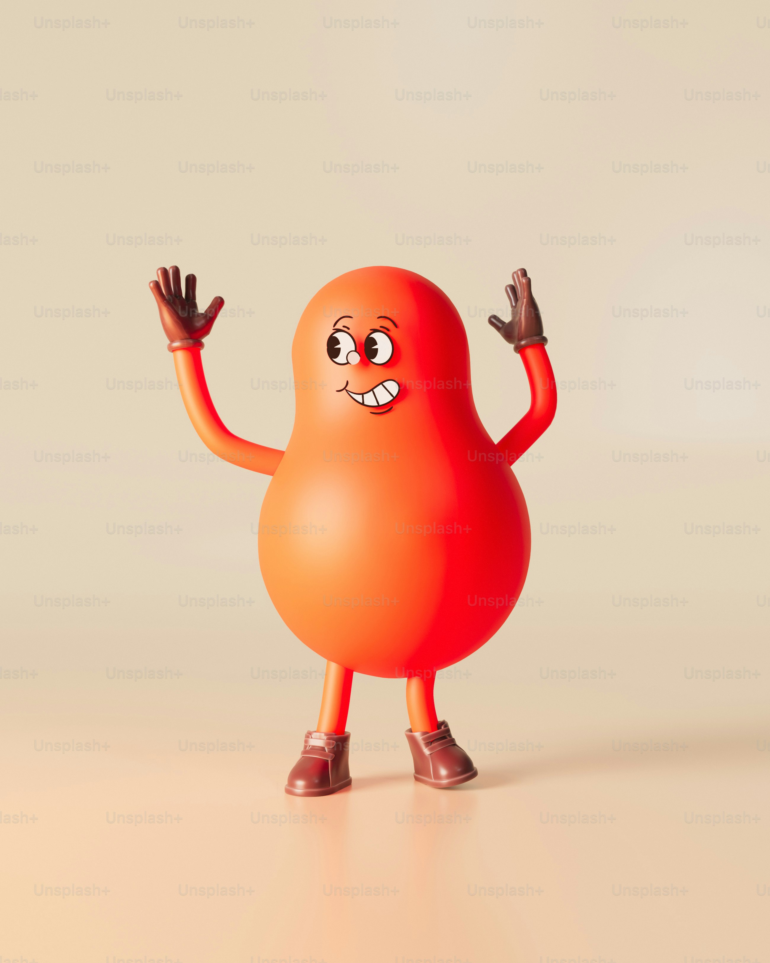 A red toy with arms and legs standing on one leg