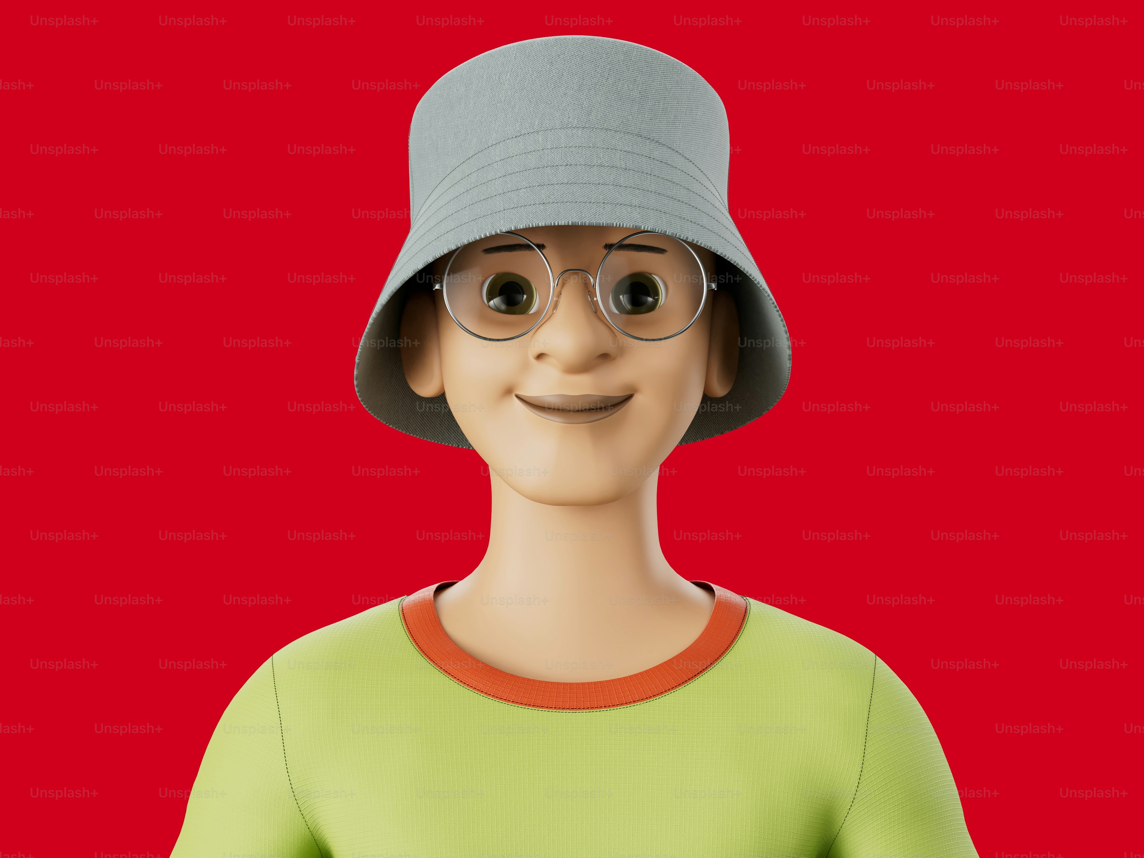 A cartoon character wearing a hat and glasses