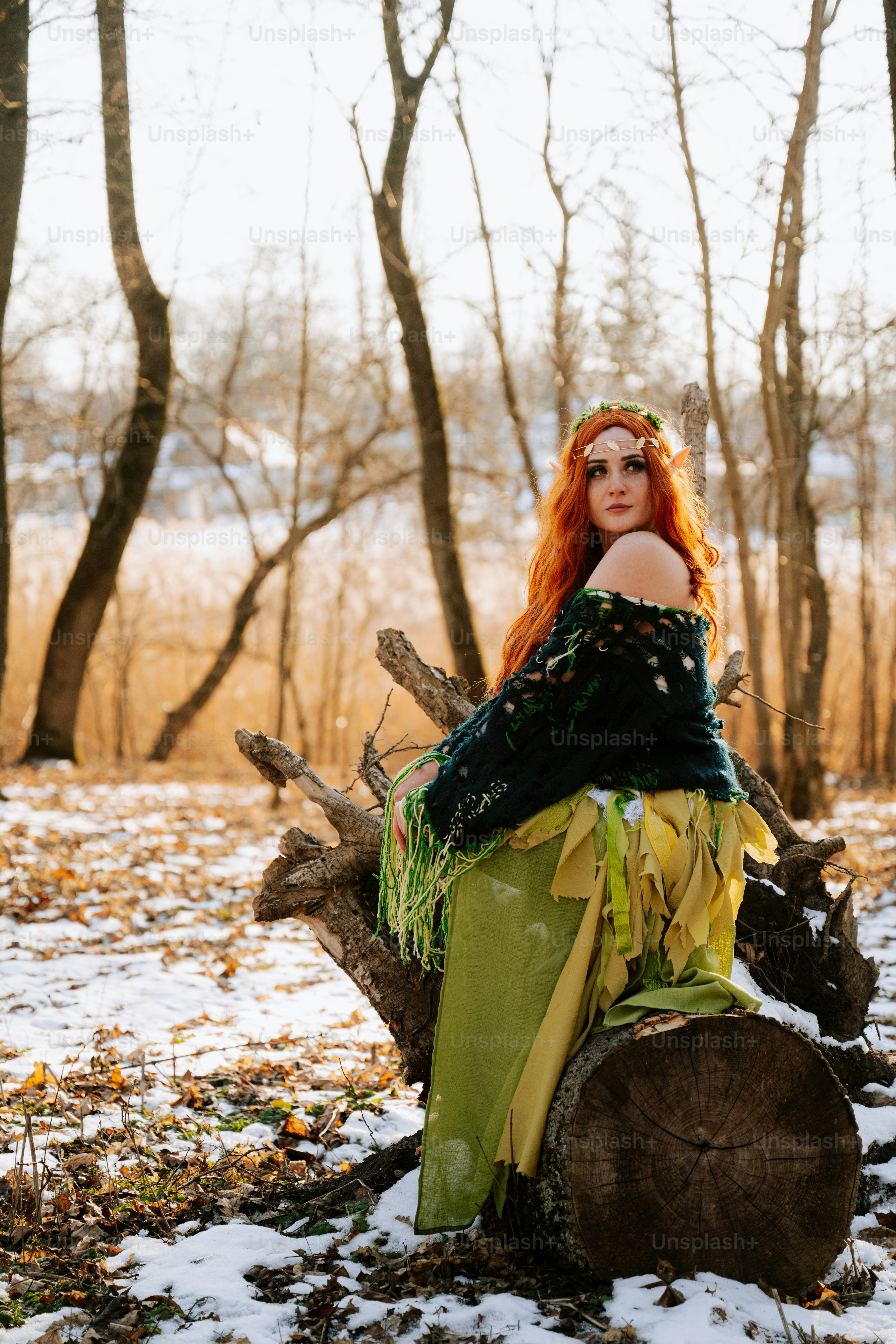 Une femme aux cheveux roux assise sur un tronc d’arbre dans les bois