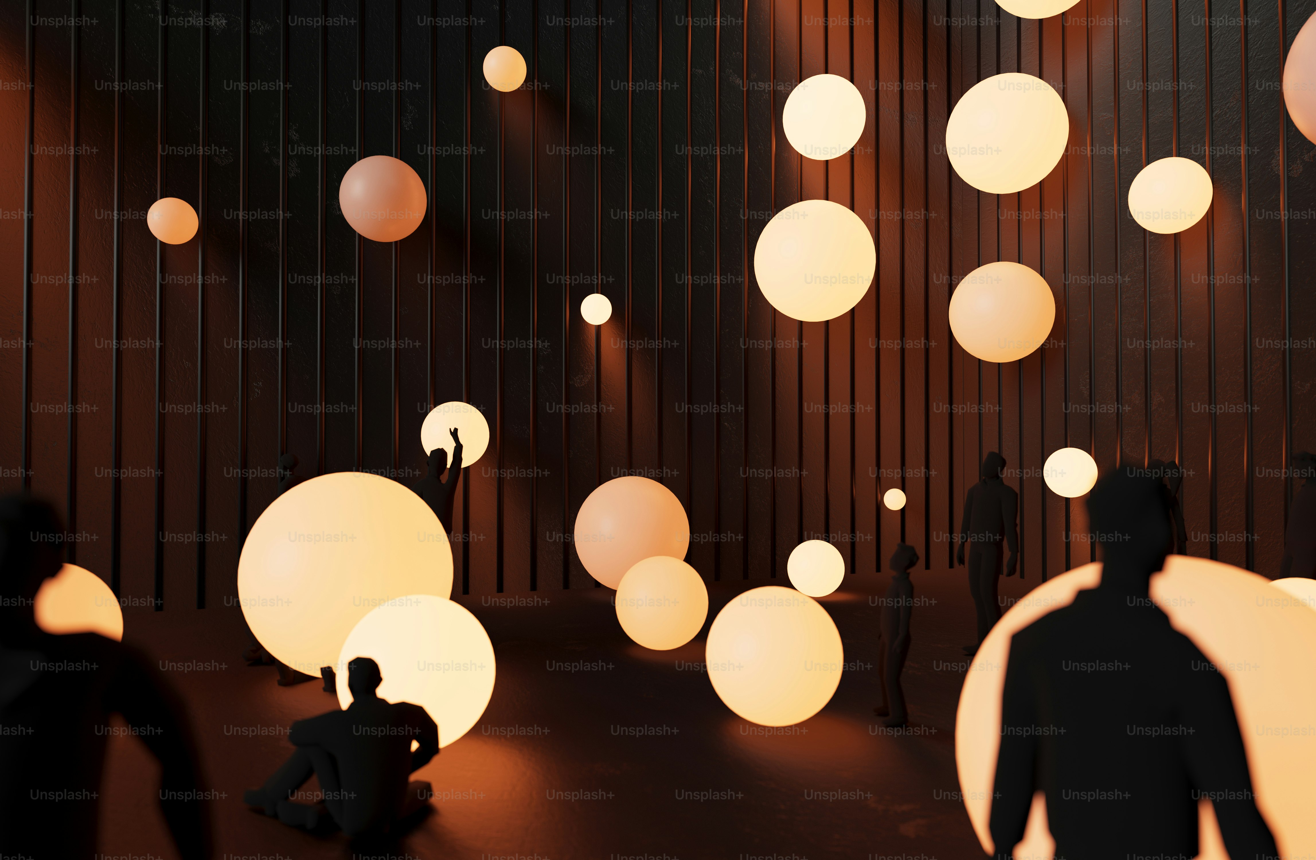 A group of people standing around a room filled with lights