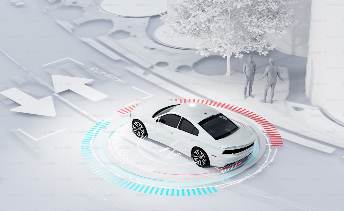 A white autonomous vehicle driving on a tree-lined road, representing the new Uber-Lucid-Nuro robotaxi being tested in the San Francisco Bay Area