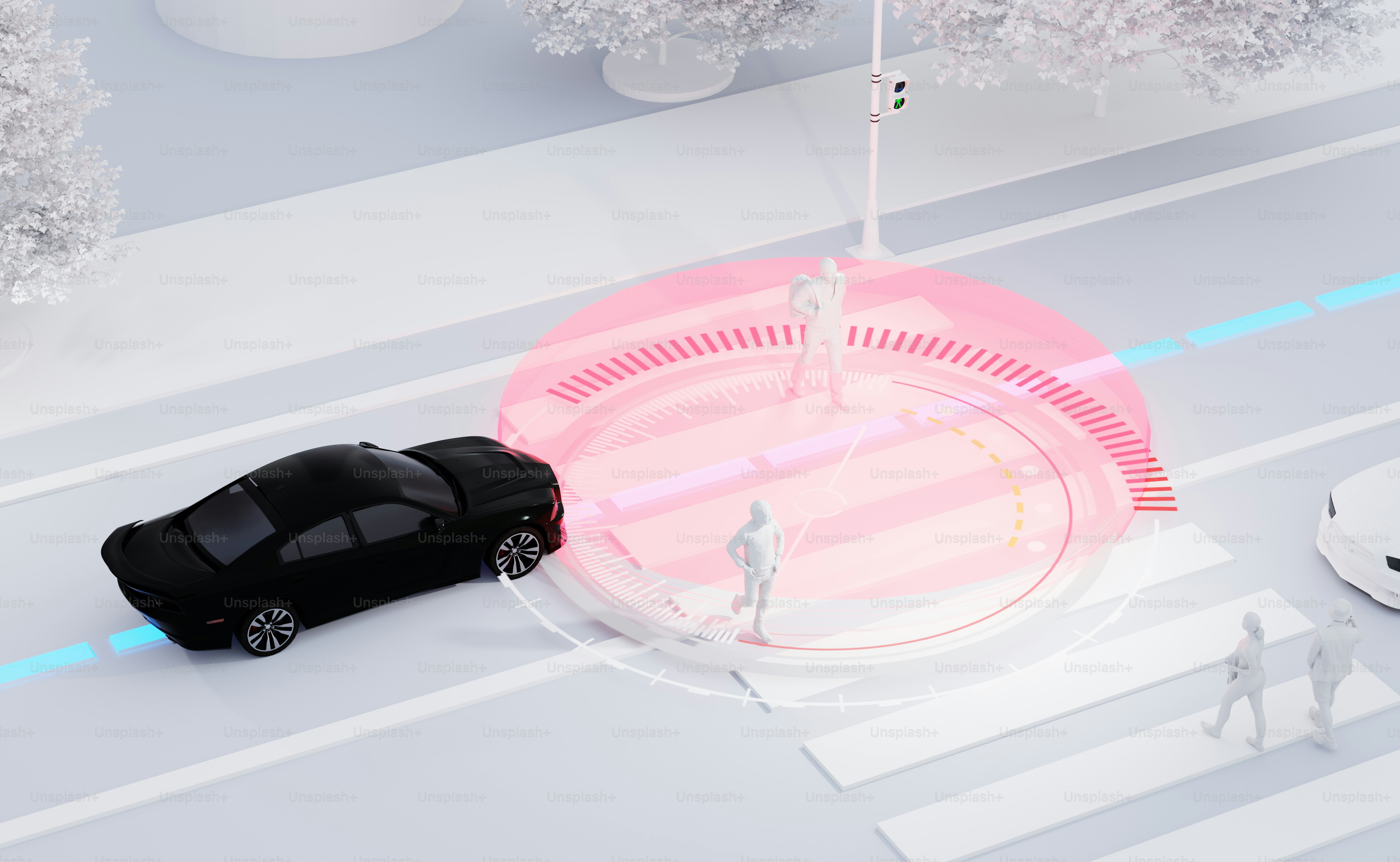 A car is parked on the street under an umbrella