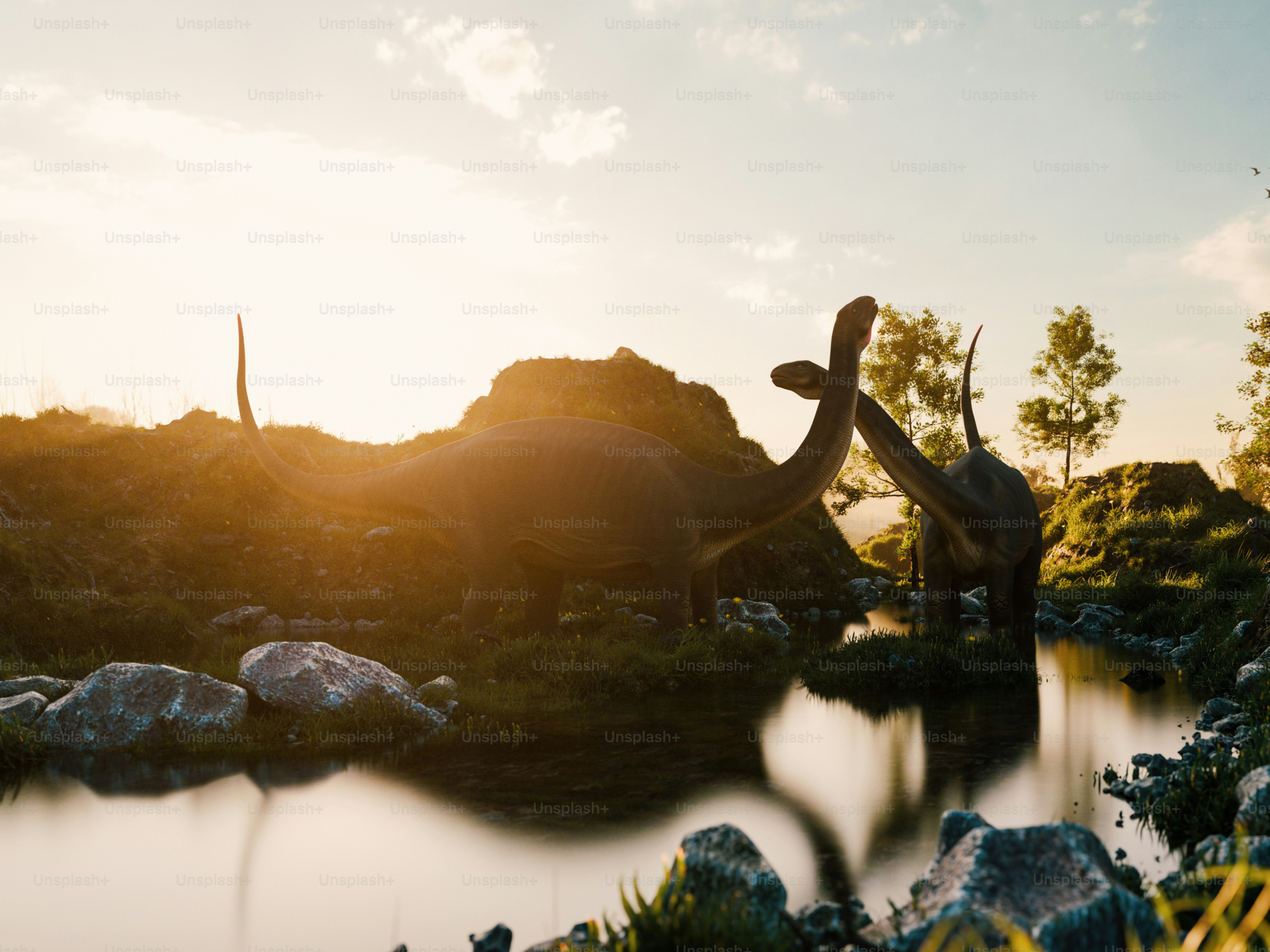 Two brontosaurus reach towards each other in nature. photo – Trees ...