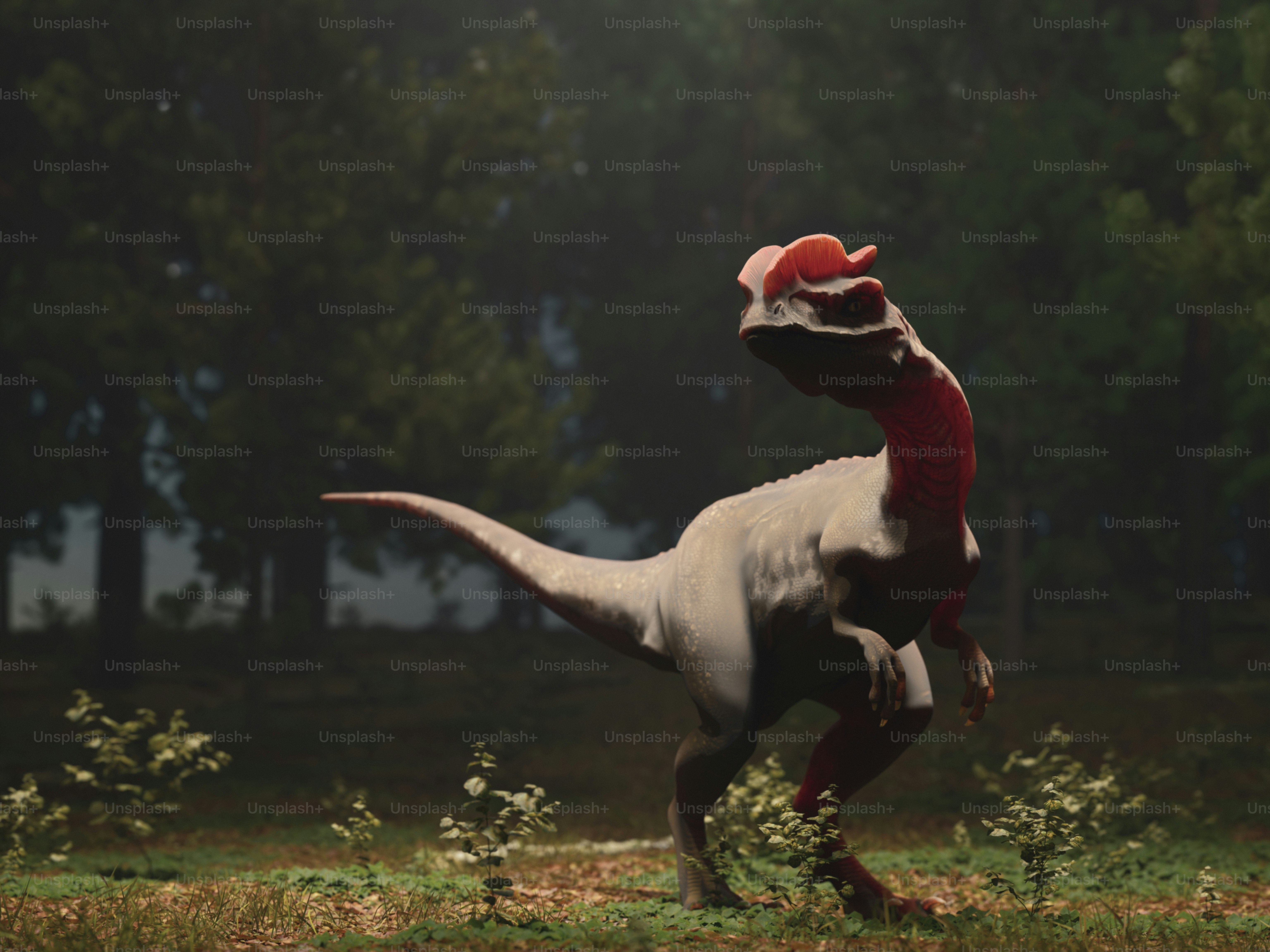 A dilophosaurus poses in the forest.