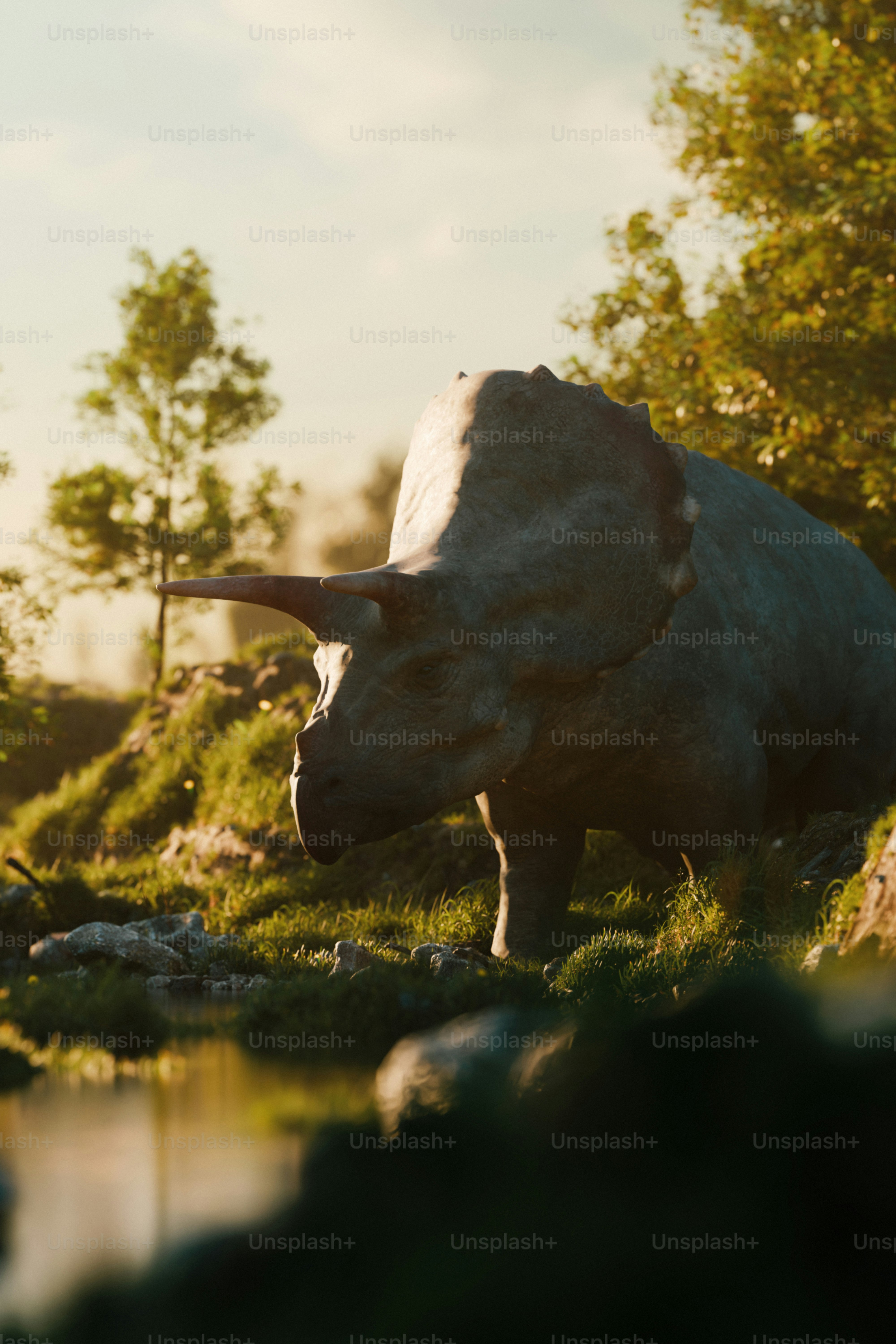 A majestic triceratops stands near the water.