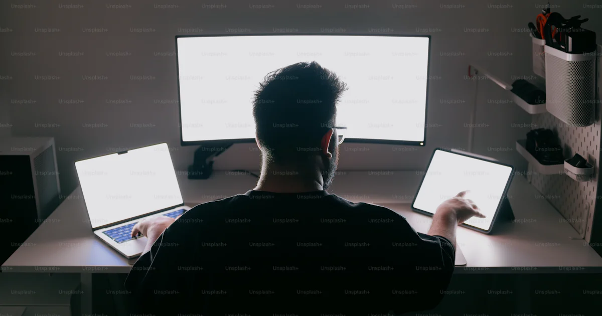 Person works on computer and multiple screens at night. photo ...