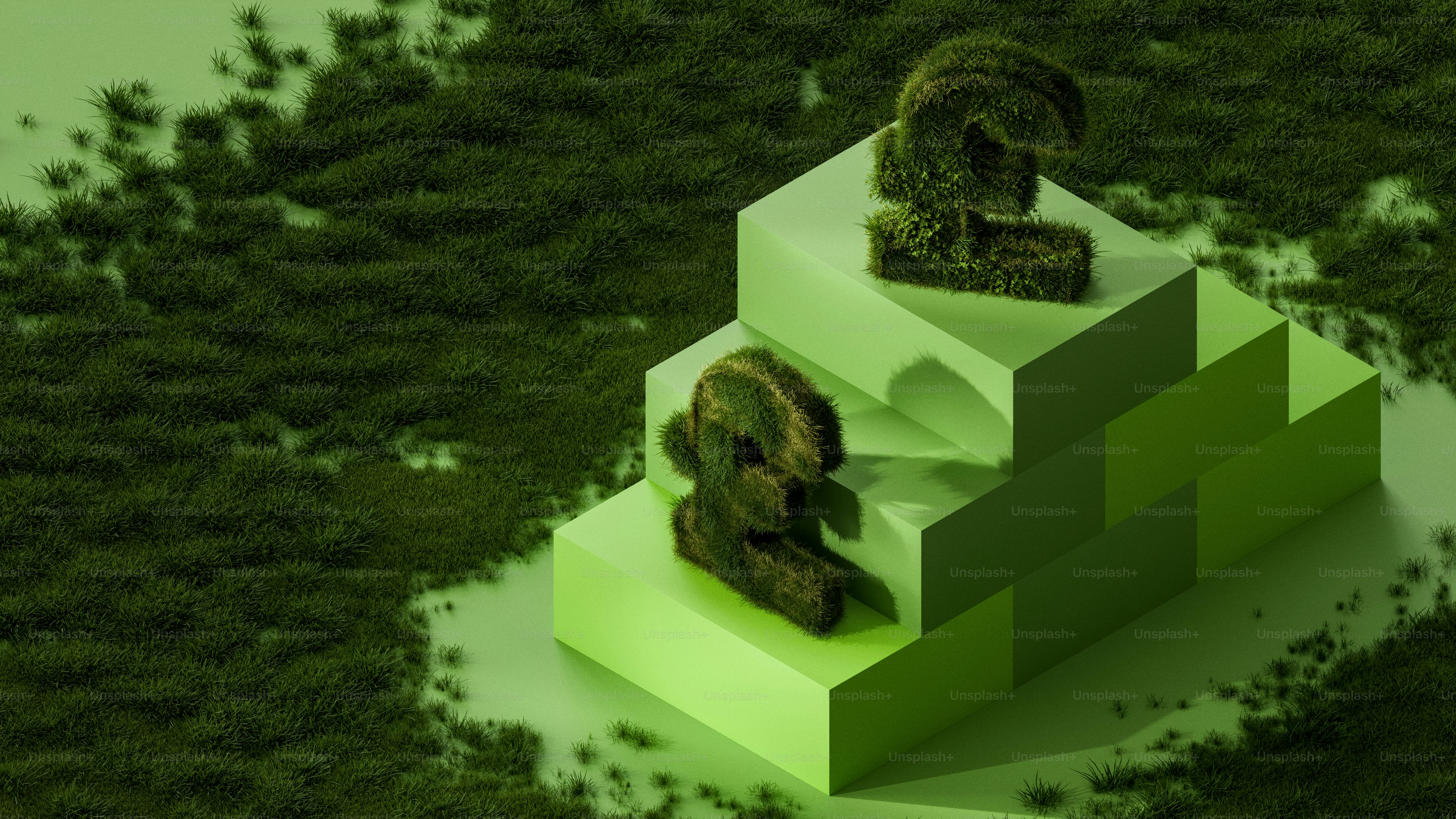 A number of objects on a green surface