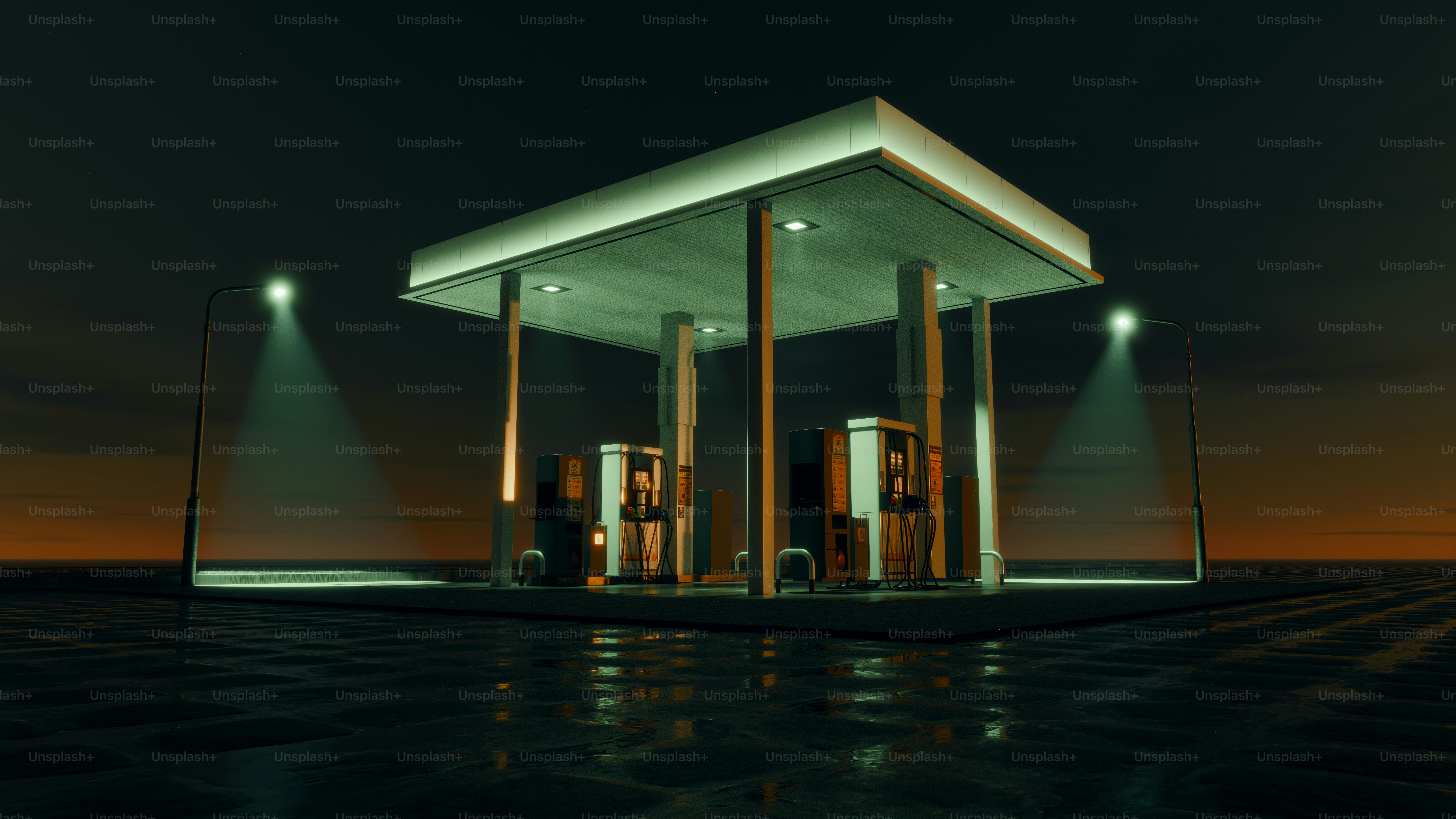 A gas station sitting on top of a body of water