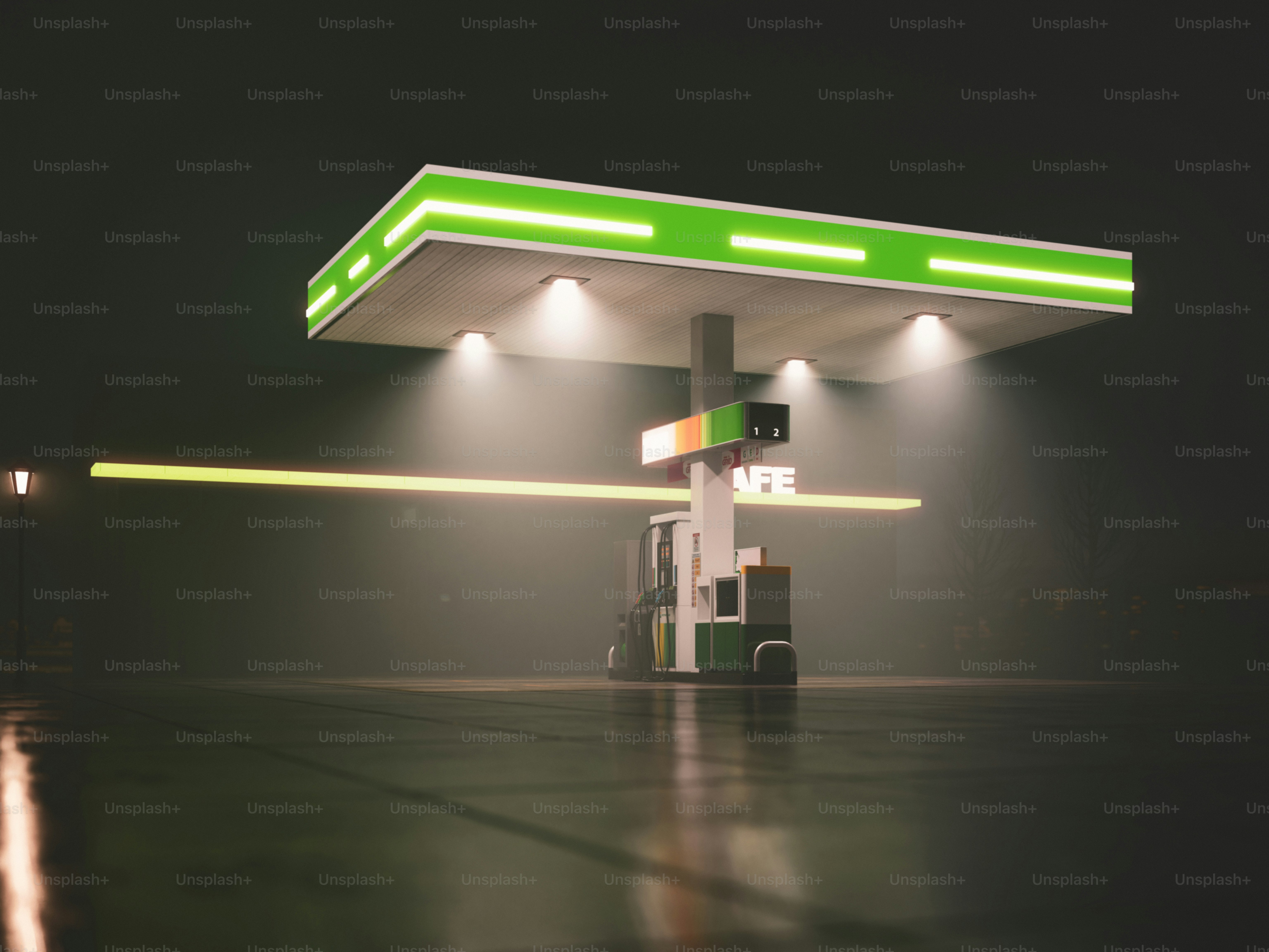 Gas station lit up at night.