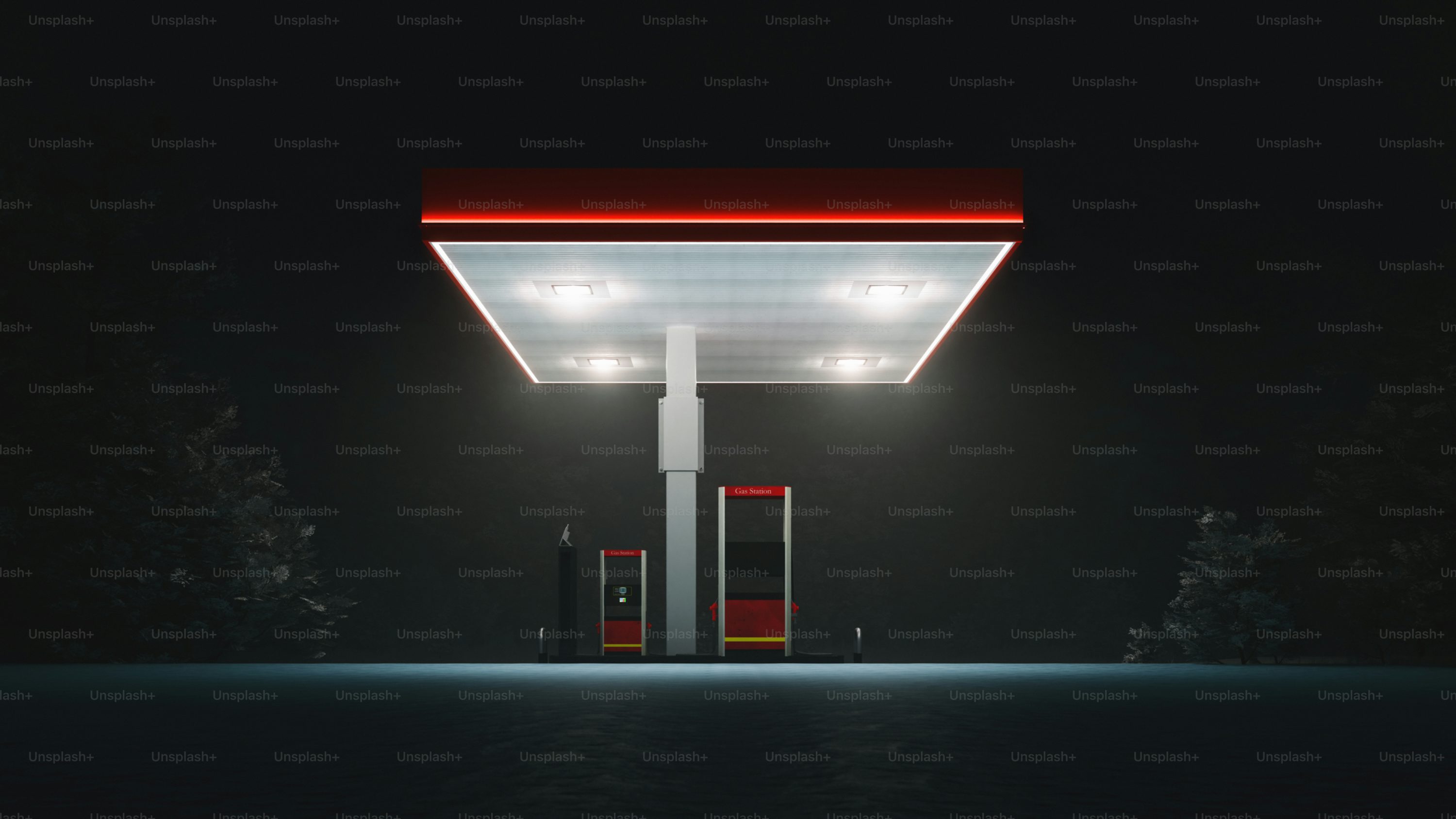 Gas station canopy illuminates the darkness.