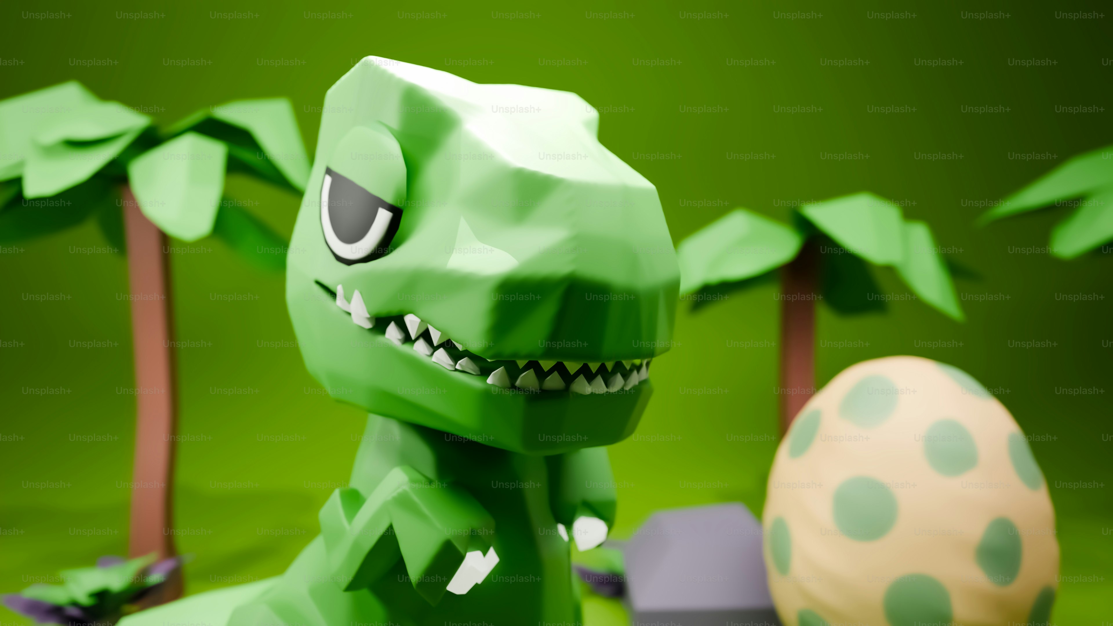 ローポリの恐竜が卵のそばに立っています。