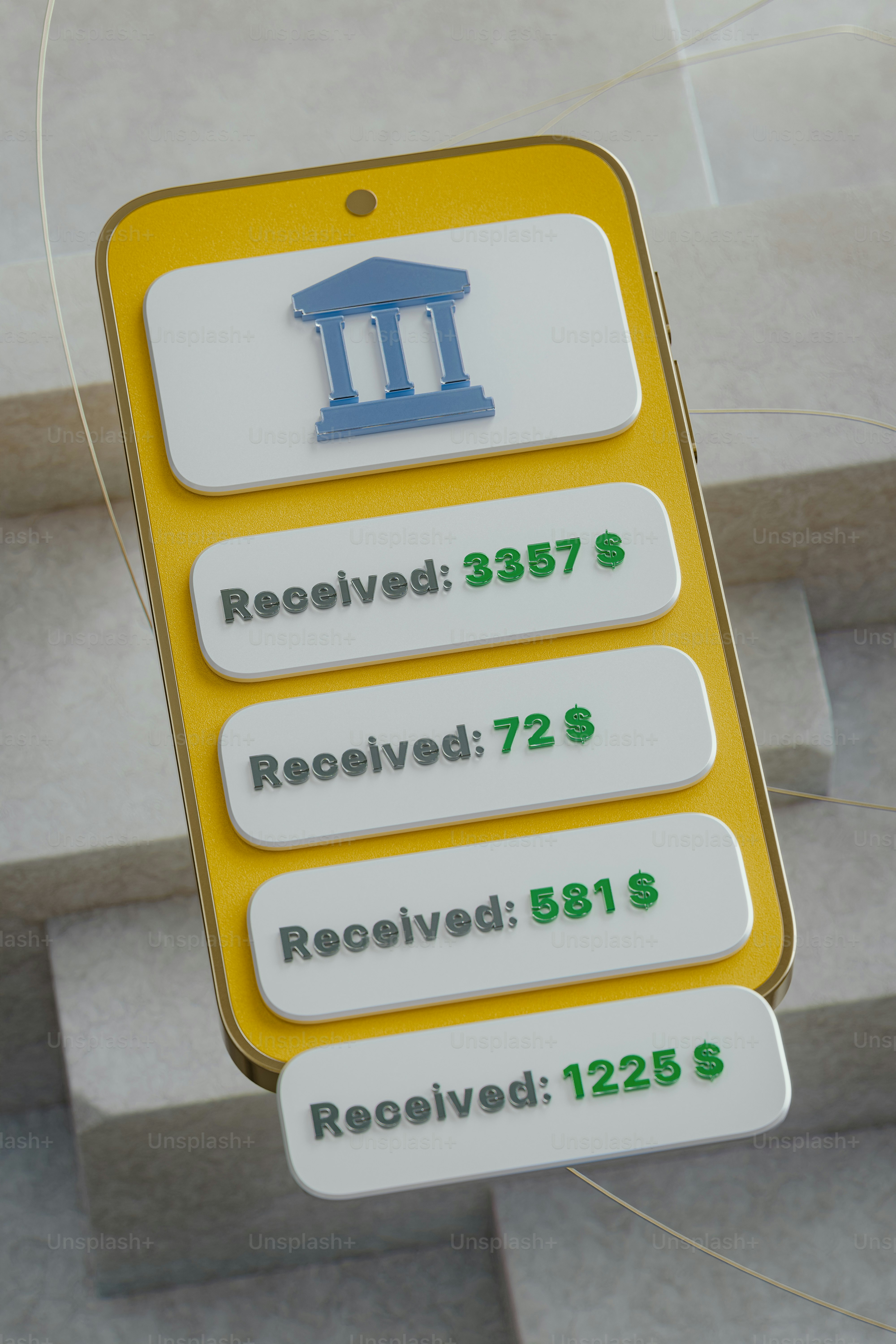 Minimalist visualization of money transactions in a mobile banking app. 3D render.