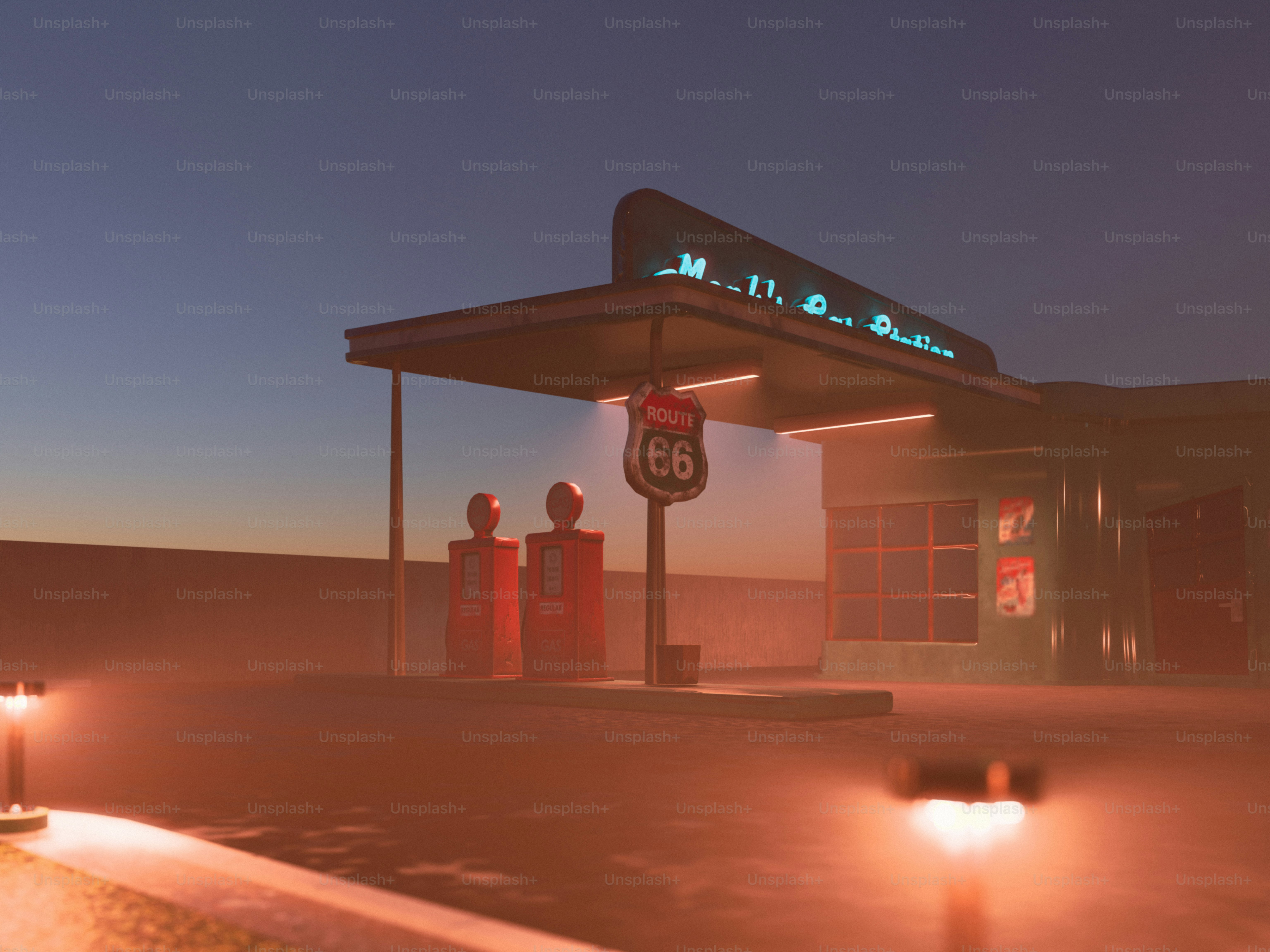 A retro gas station at sunset on route 66.