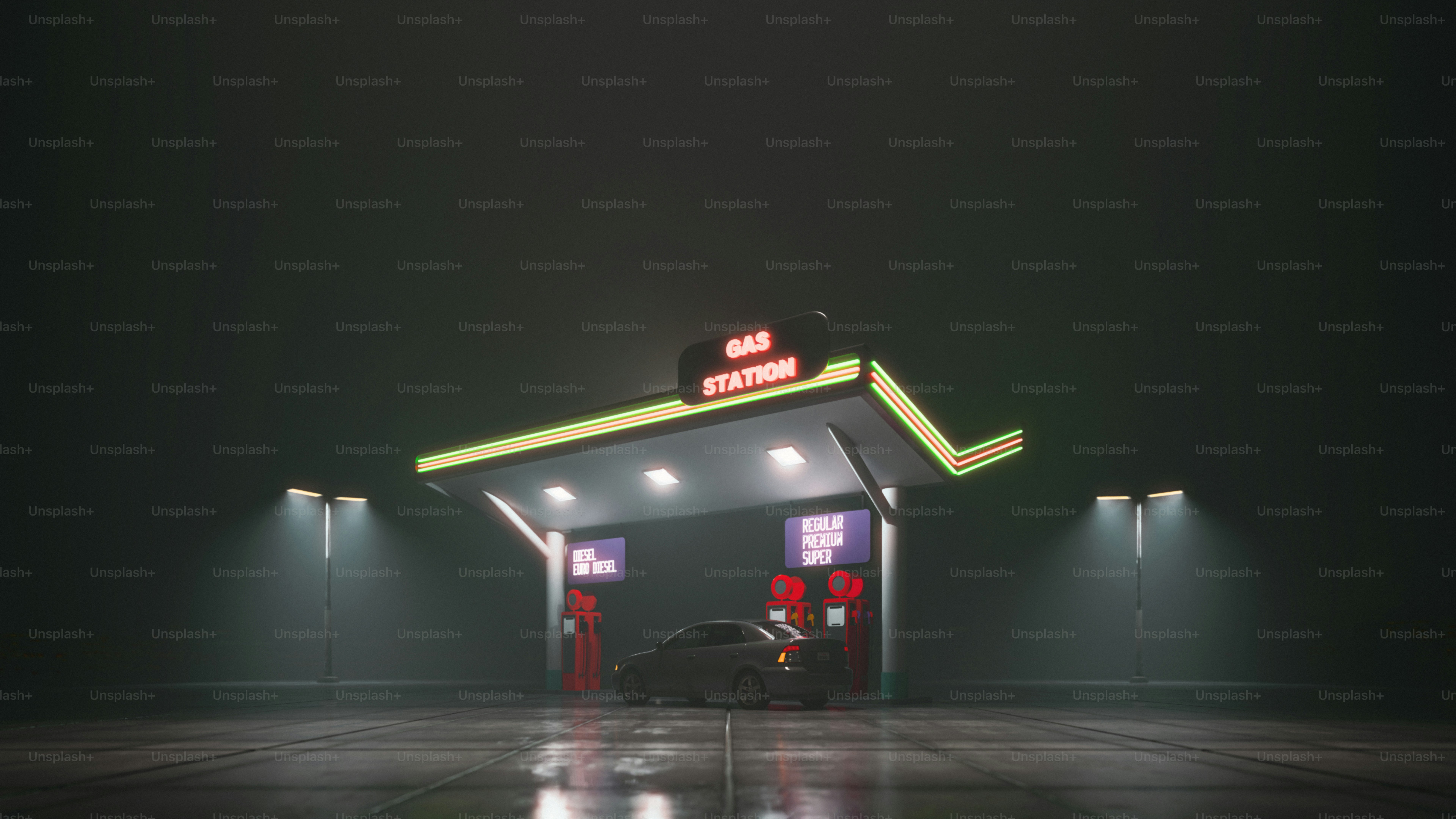 A car is at a gas station at night.