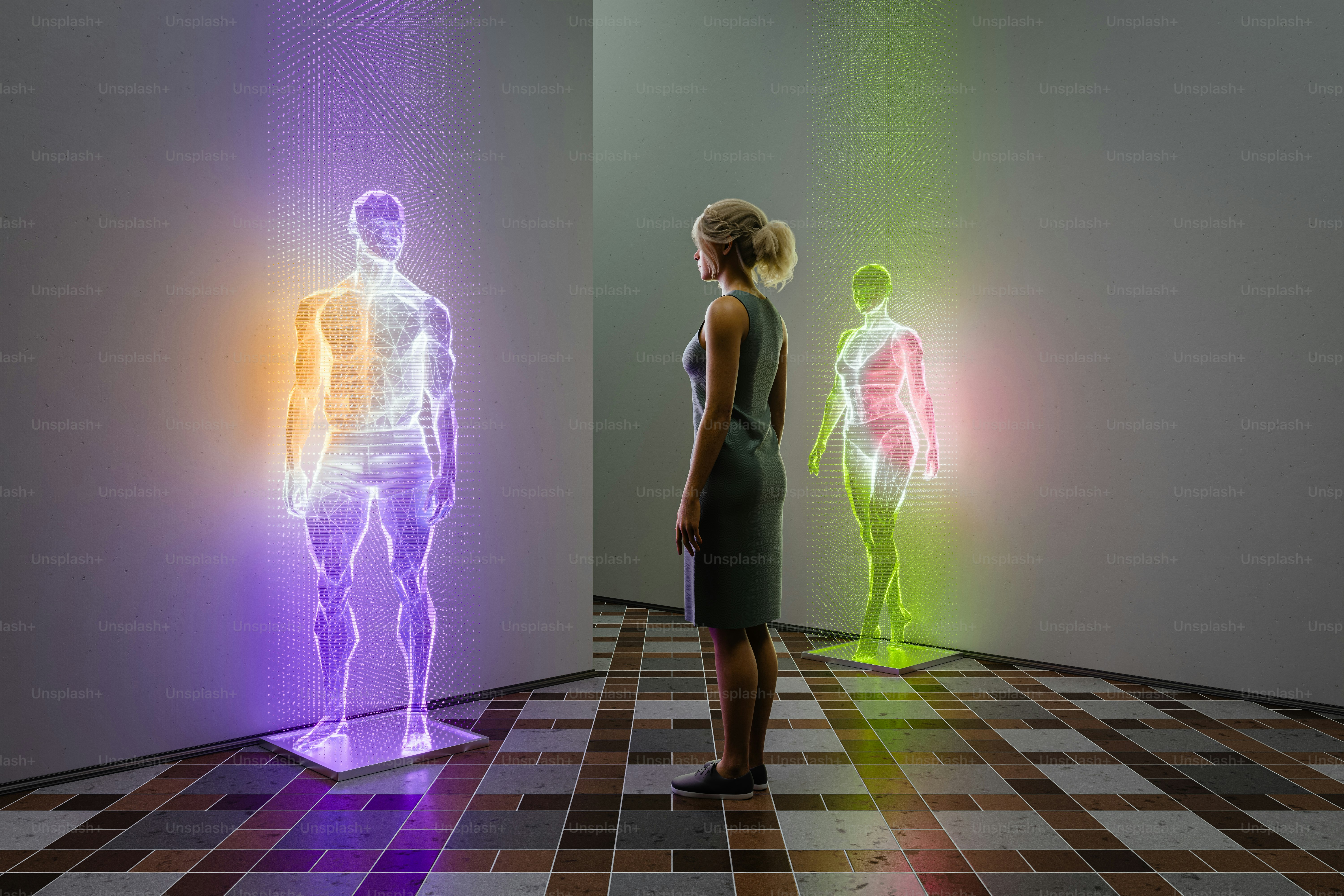 Woman observes glowing human figures in art installation.