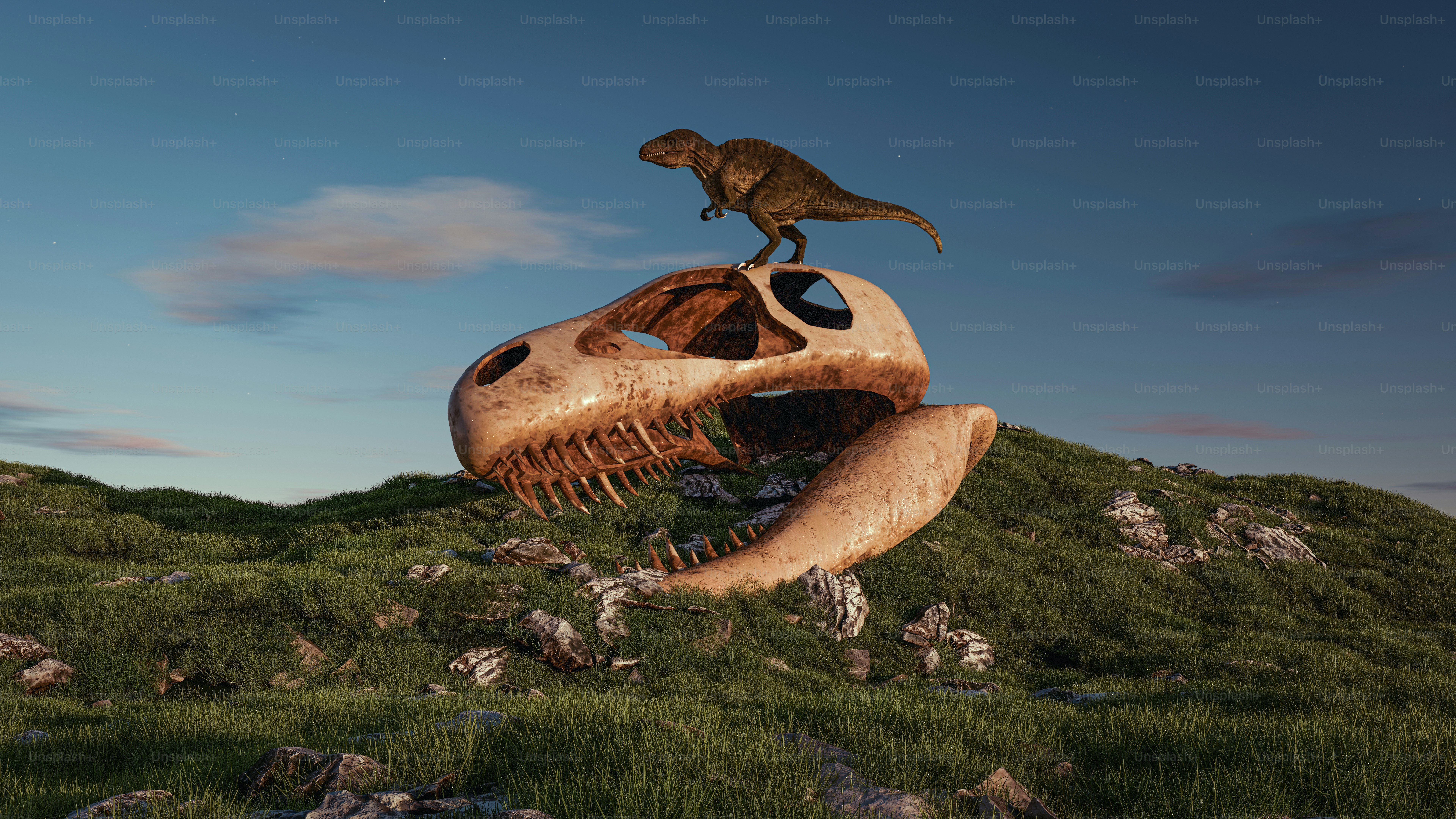 Dinosaur peers atop a giant fossilized skull.