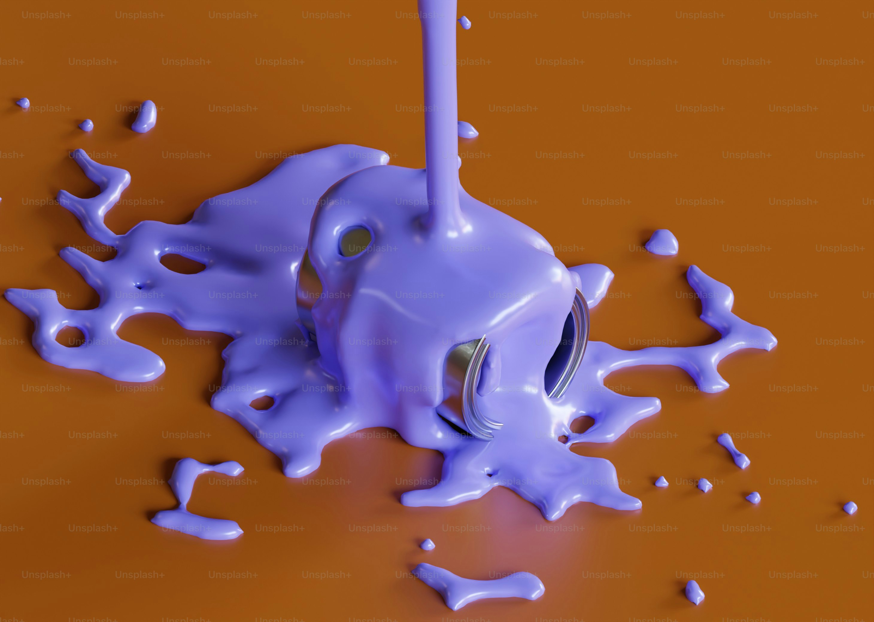 Purple paint pours out of a tipped can.