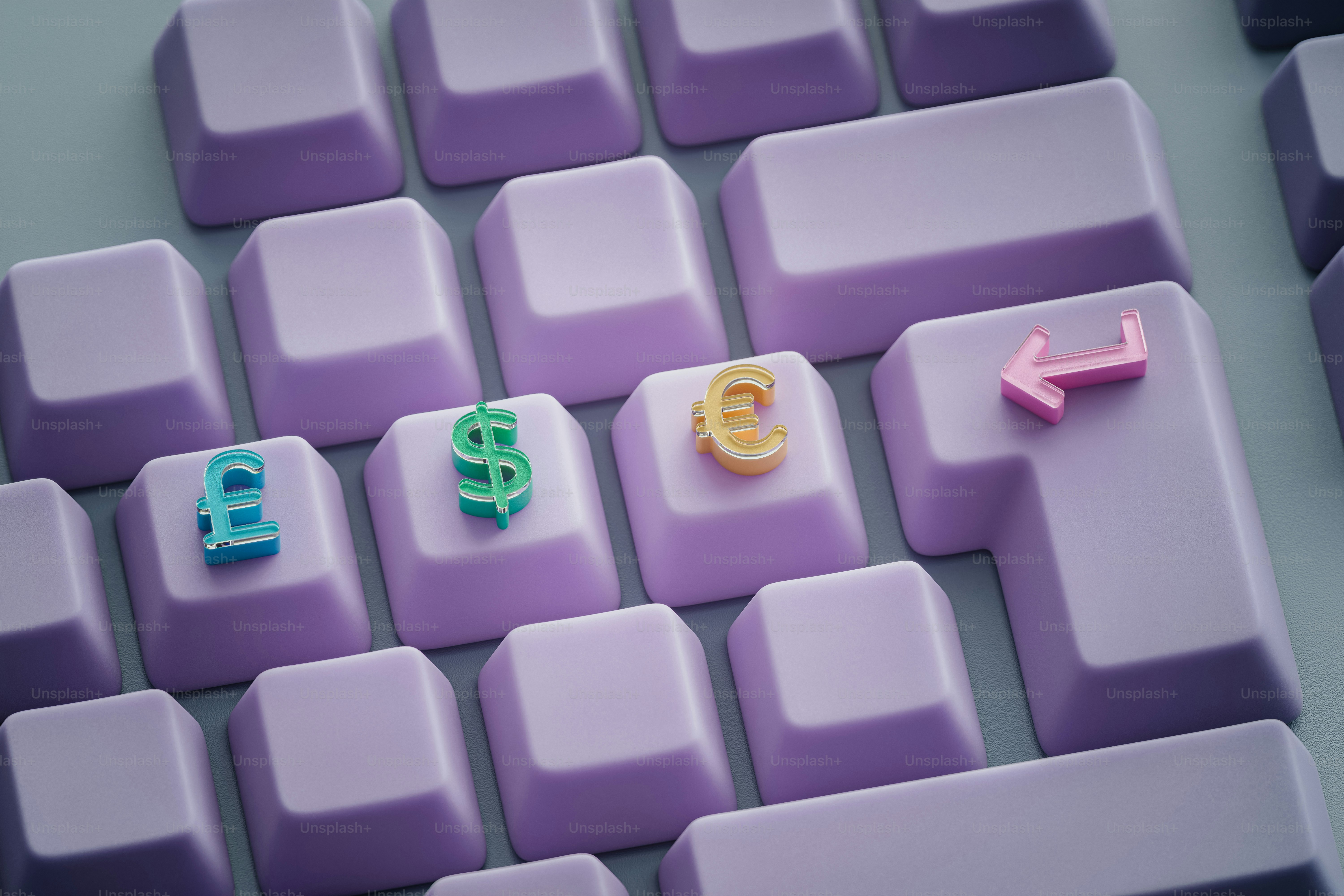 Currencies and arrow keys sit on a keyboard.