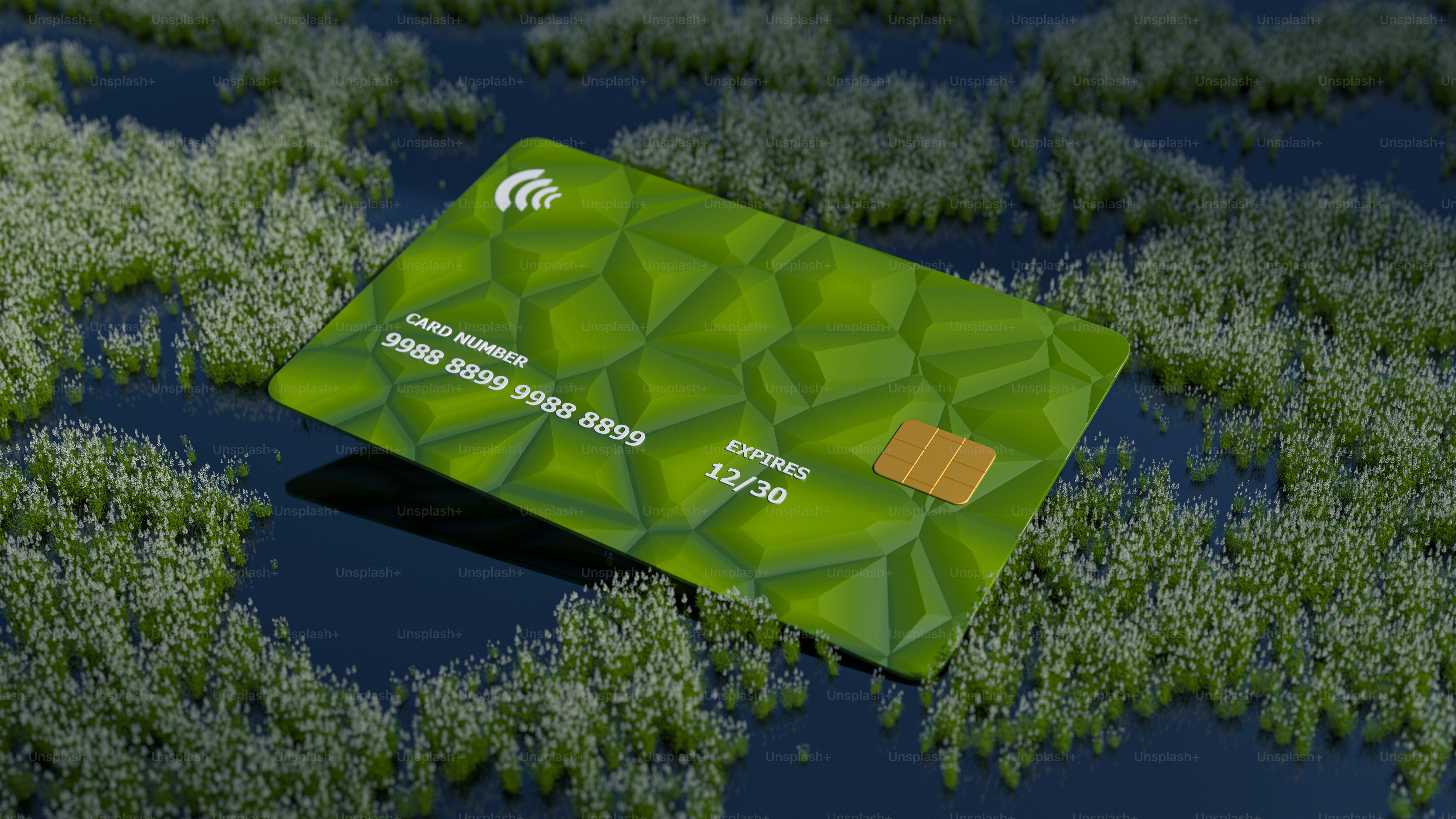 A green credit card rests on a mossy surface.