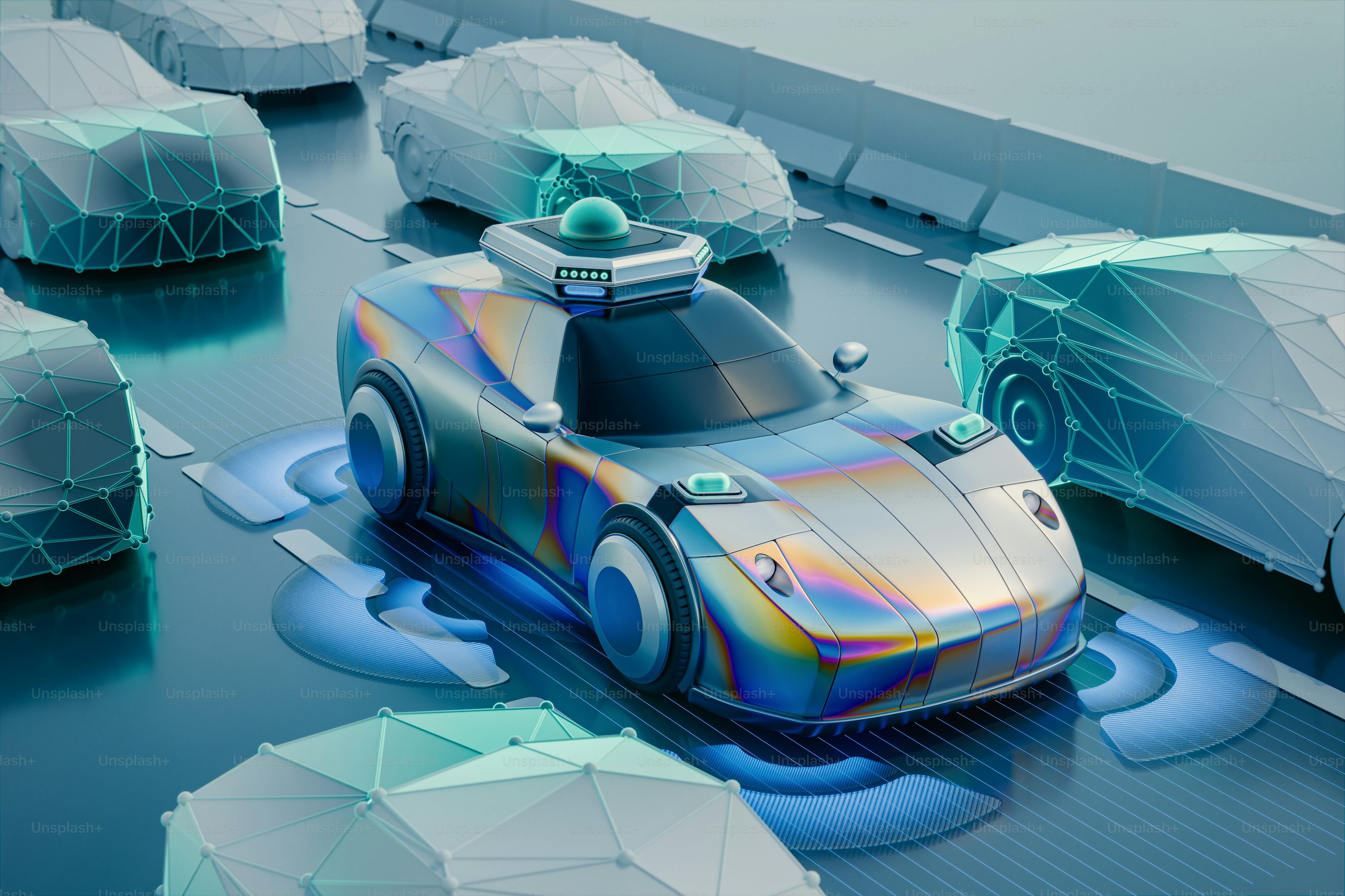Autonomous car navigates busy highway traffic.