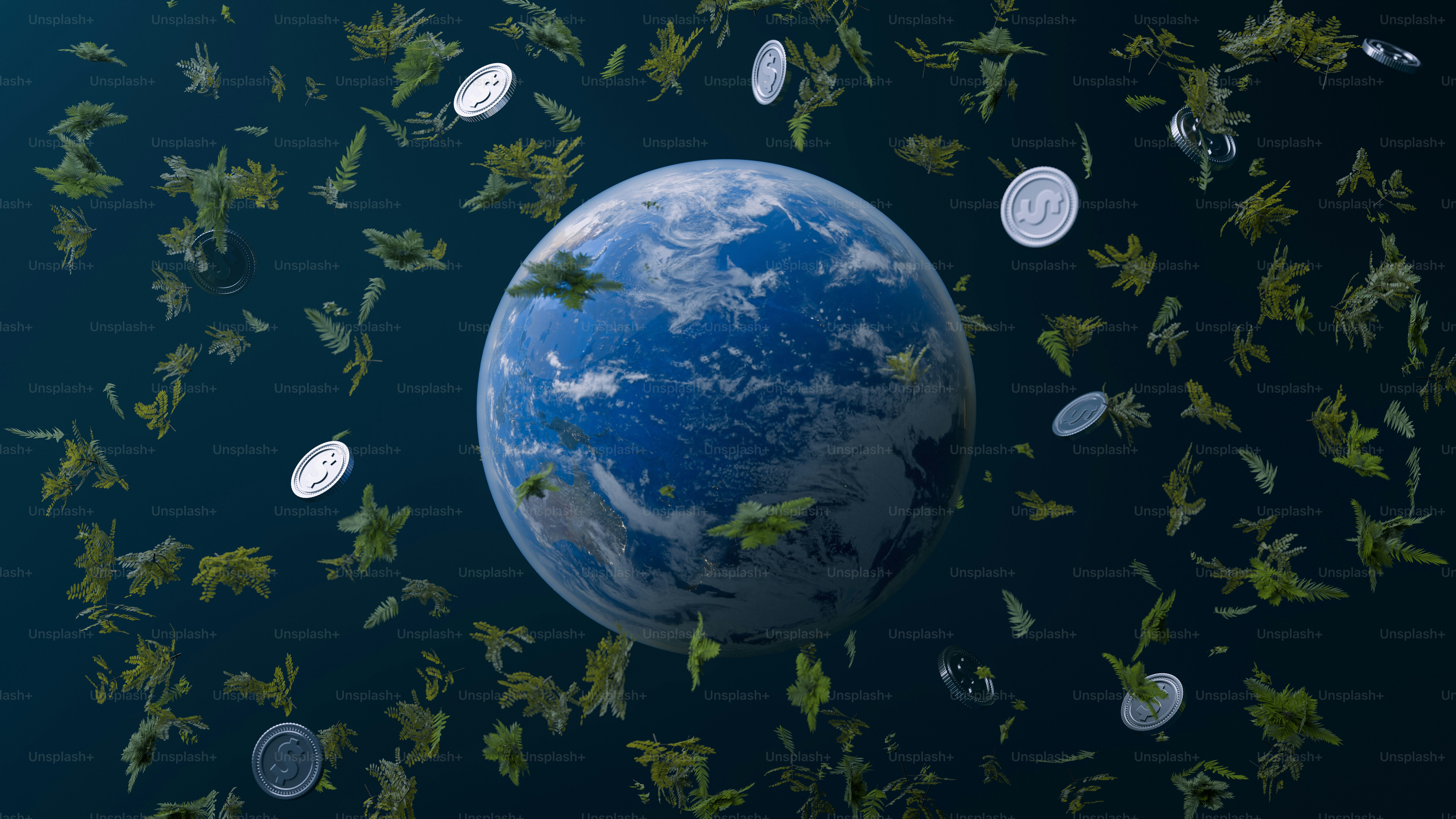 Earth is surrounded by foliage and coins.