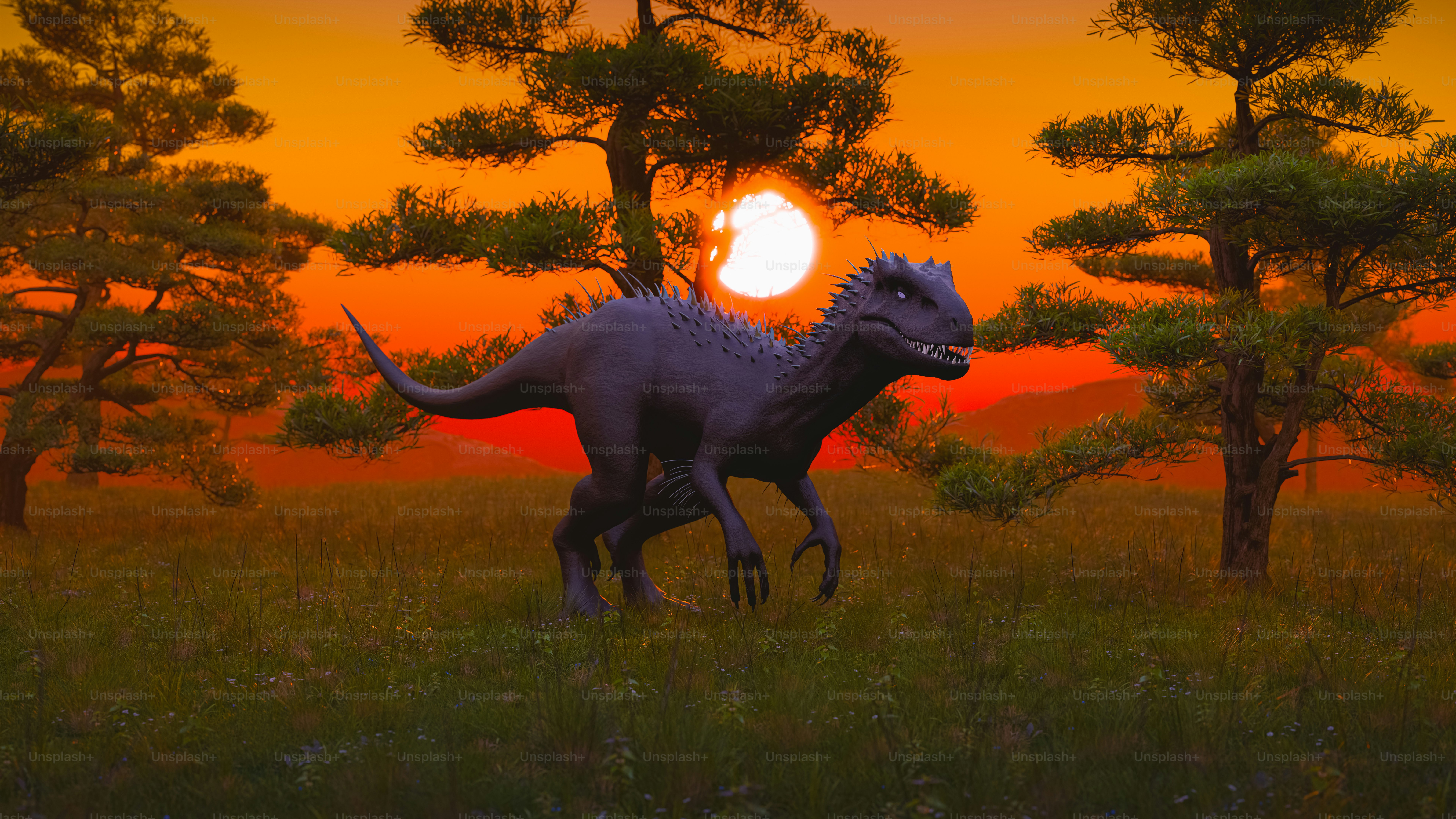 Dinosaurus berdiri saat matahari terbenam yang indah.