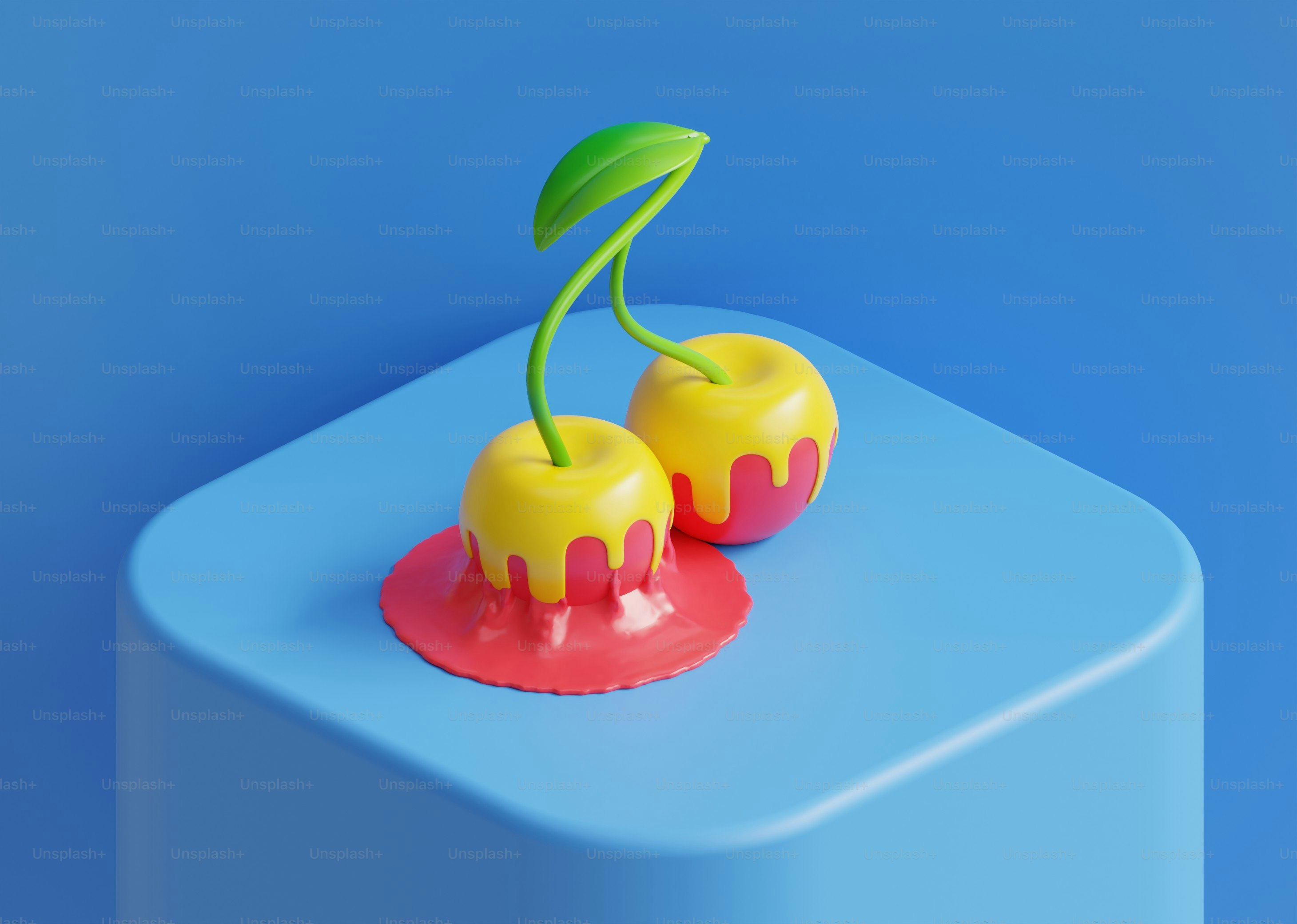 Colorful cherries with flowing yellow icing on a blue base.