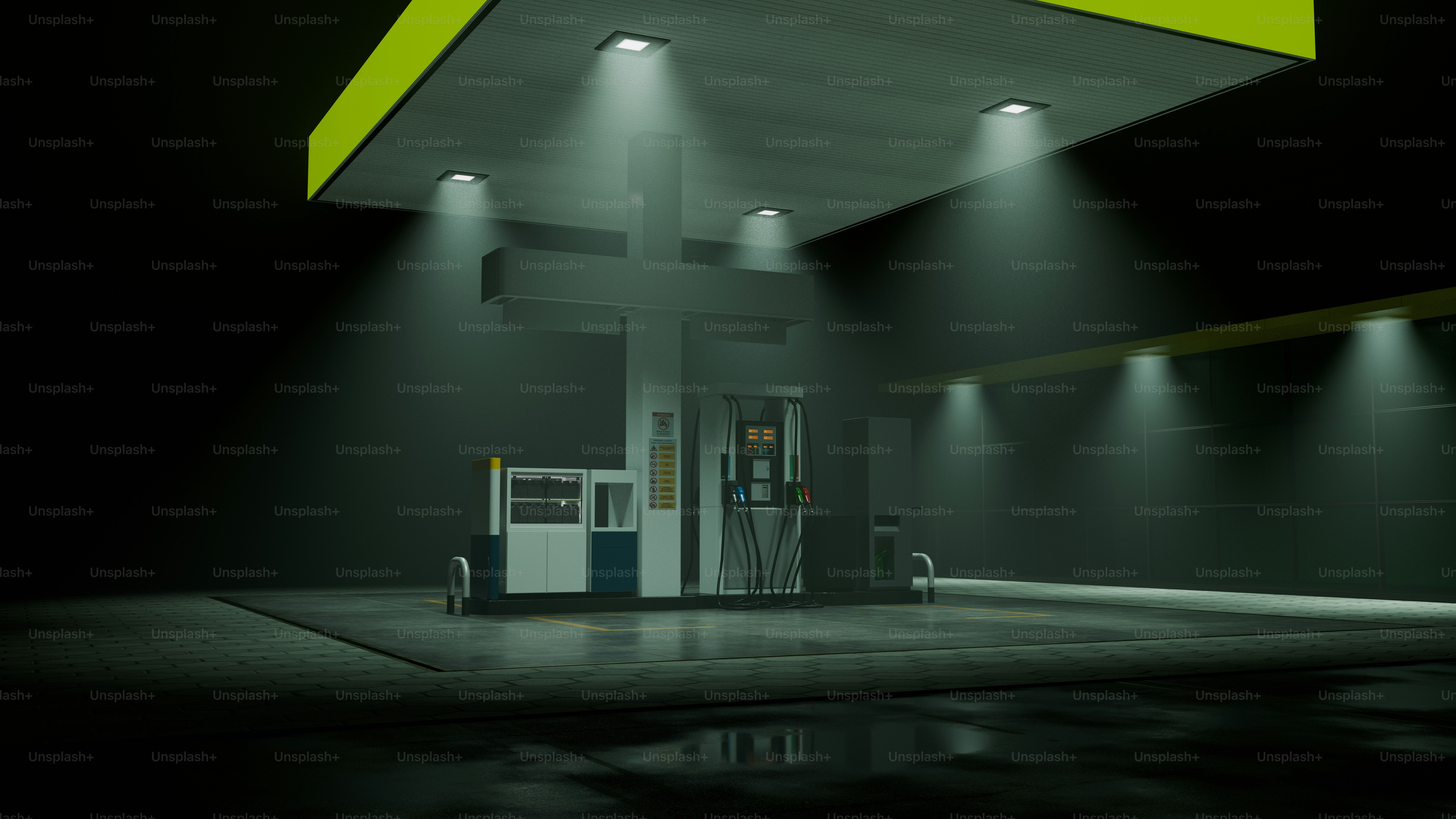 Eine Tankstelle, die nachts beleuchtet ist.